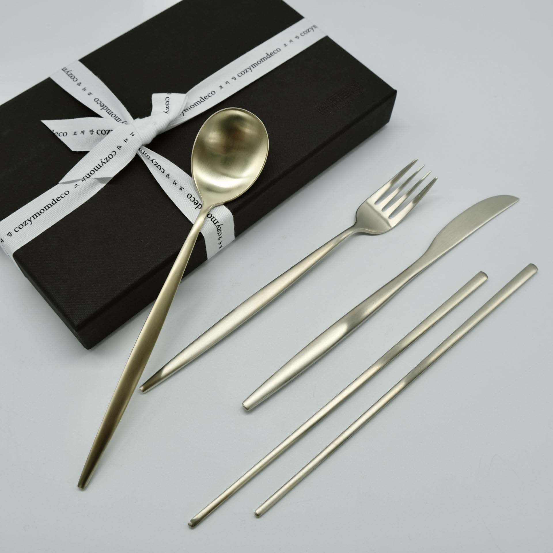 Cozymomdeco Korean Traditional Utensil Flatware Cutlery Set Simple Design Stainless Steel Fork Knife Spoon & Chopsticks Made in Korea