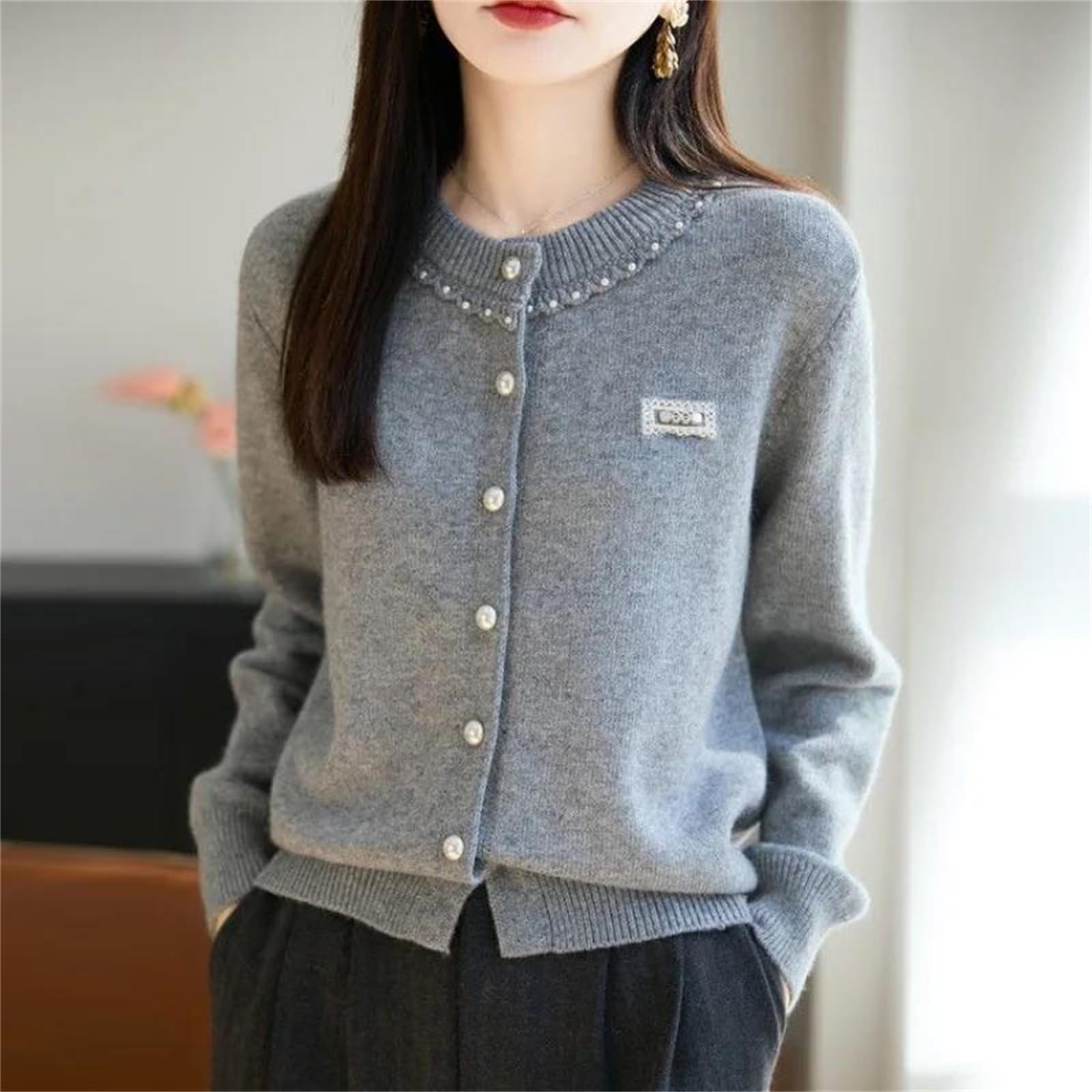 Cárdigan de punto con botones y perlas para mujer, cuello redondo, holgado, de punto de retazos, para otoño e invierno, elegante chaqueta de manga larga