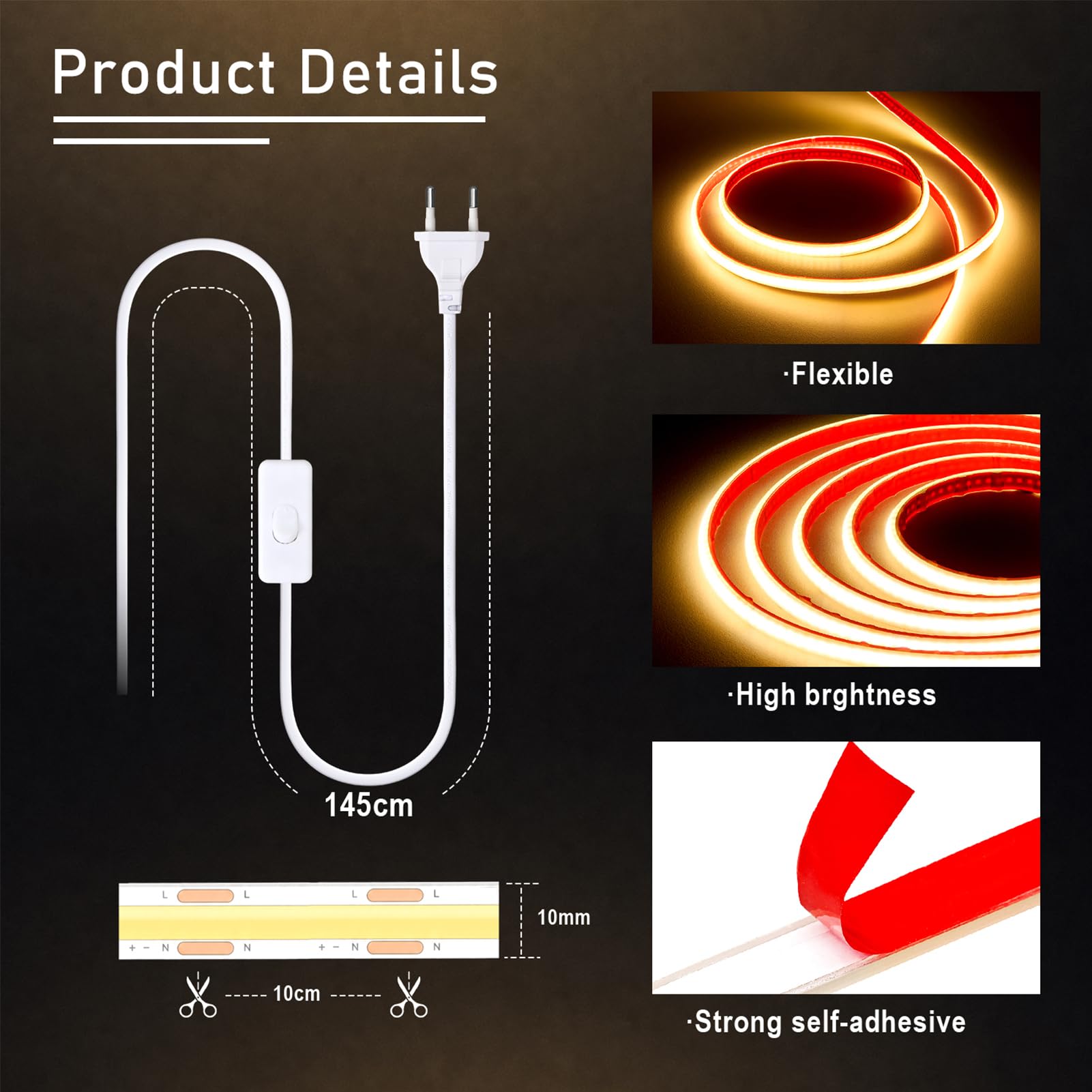 230V COB LED Streifen LED Strip Wasserdicht IP65 Selbstklebend Leiste Aussen Schlauch Lichtleiste Band 320LEDS/M Outdoor Lichterschlauch mit Netzteil für Innen Außen Warmweiß 20M