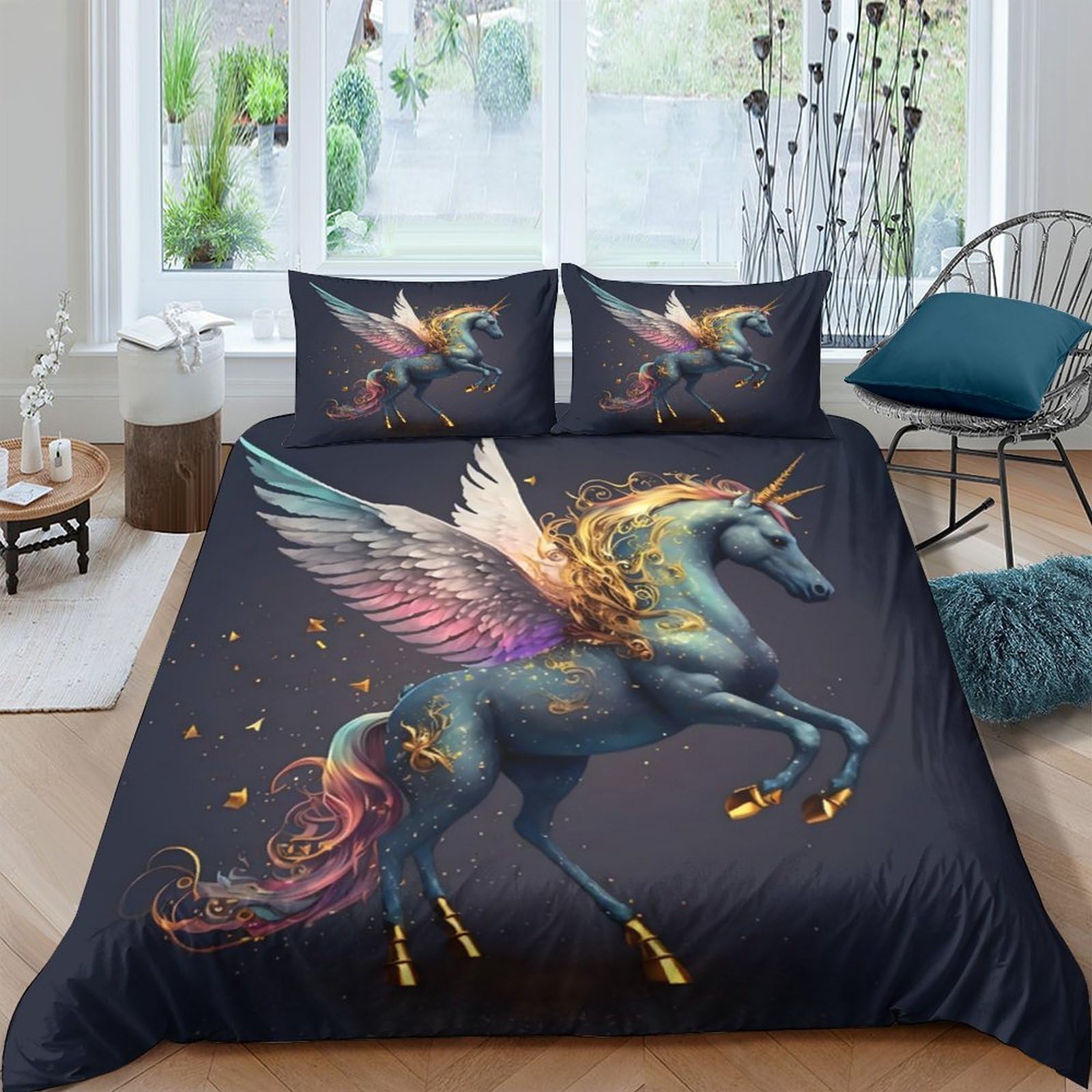 Ctjqhvkz Style-2 3D Printed Fantasy Unicorn Fitted Sheet Microfiber Soft Decor Rainbow Wings Bed Cover For Bedroom Dorm Guest Room Single（135X200cm）