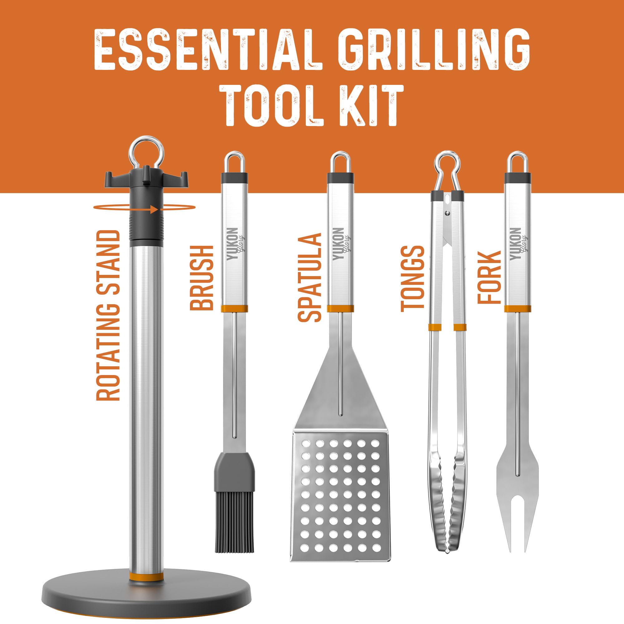 Juego de herramientas para barbacoa de acero inoxidable con soporte giratorio y bandeja de goteo, kit de herramientas de parrilla completo con espátula, pinzas, tenedor, cepillo, kit de parrilla
