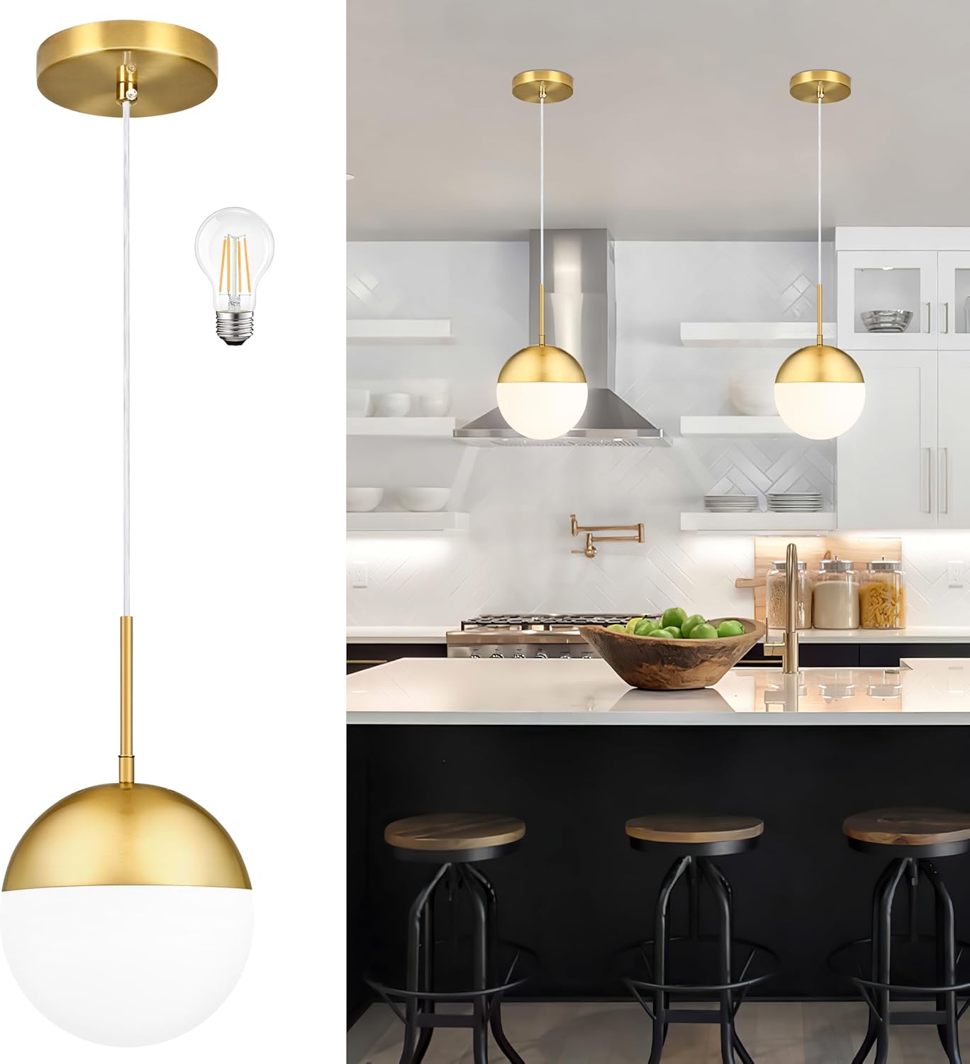 (Incomplete missing bulb ) 8 Inch Gold Mid Century Modern Pendant Light Pendants for Kitchen Island Frosted Milky White Glass Globe Height-Adjustable Modern Hanging Globe Pendant Light for Bedroom Foyer (Bulb Incl) Gold, Opal Glass 8\", 1 PK