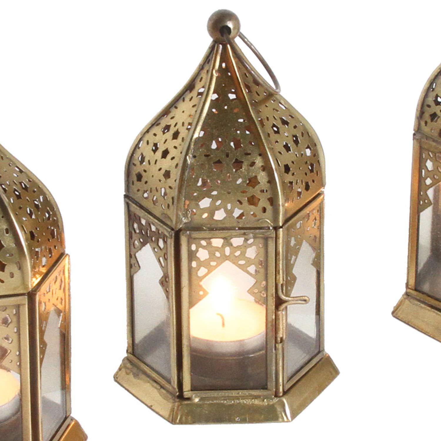 Orientalisches Windlicht Nael Transparent 6er Set Höhe 16cm in Antik-Gold Look aus Metall & Glas | marokkanische Ramadan Eid Teelichthalter Tisch-Deko | WDL1080