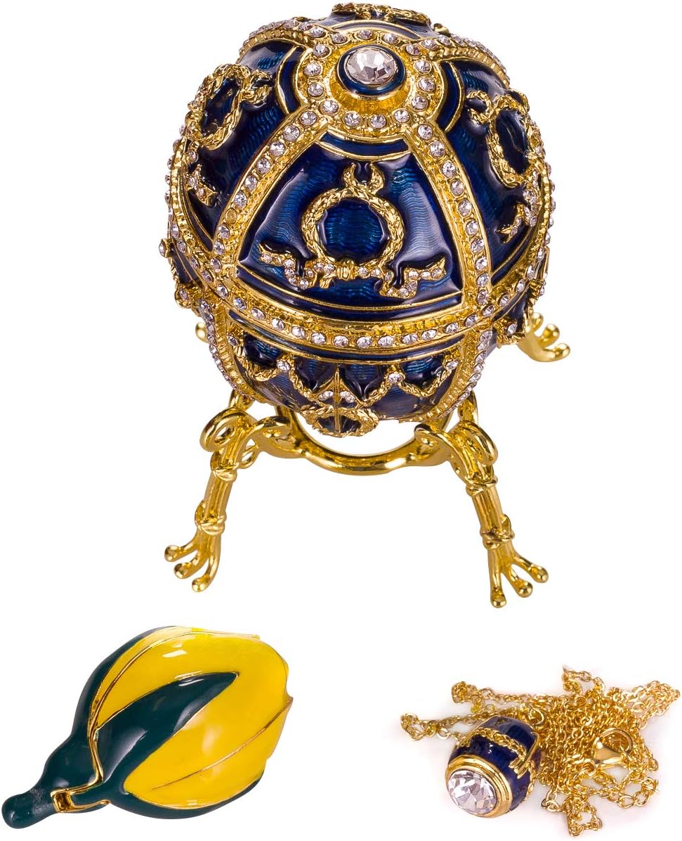 danila-souvenirs Faberge style Rosebud Egg/Trinket Jewel Box with Flower & Pendant 3.8'' (9.5 cm) blue
