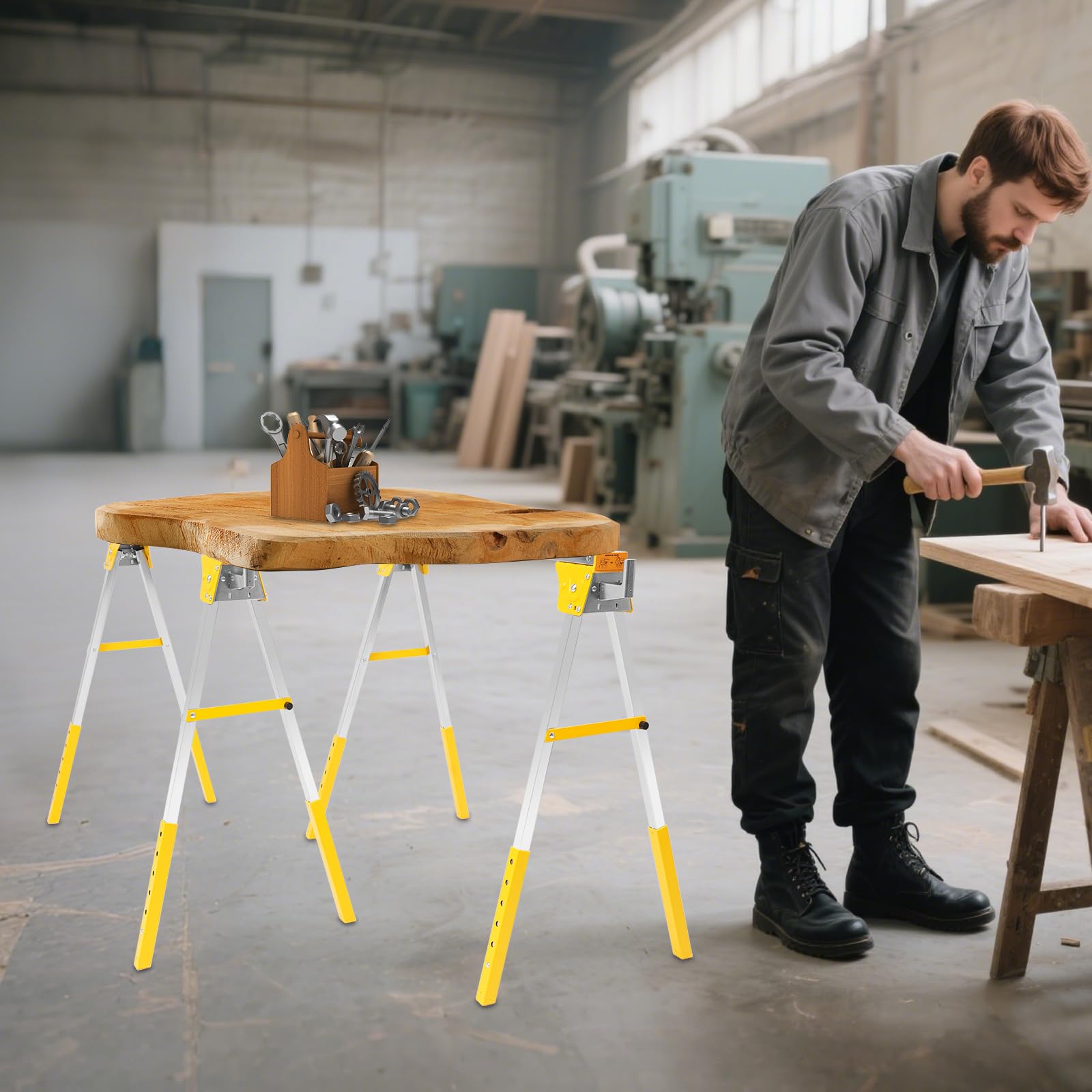 Juego de 2 caballetes de trabajo con altura ajustable, caballete plegable con capacidad de carga de 1200 kg, caballete de metal para almacenes, fábricas, jardines, zonas de madera (amarillo)