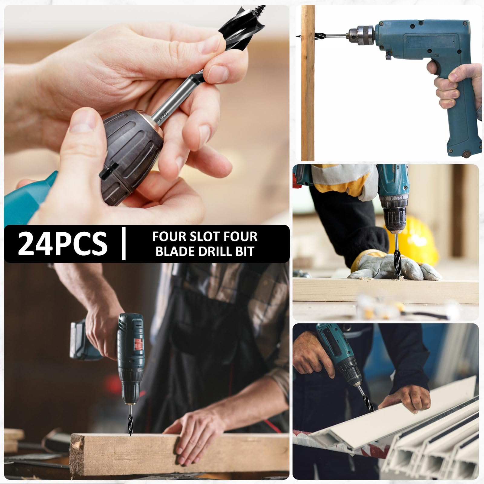 24Pcs Wood Auger Drill Bit Set High-Carbon Steel 4 Flute Cut Spade Paddle Bit Set 10-25mm Self-Tapping Hex Shank Wood Hole Drill Precise Woodworking Deep for Hardwood Plastic(Black, 24PCS)