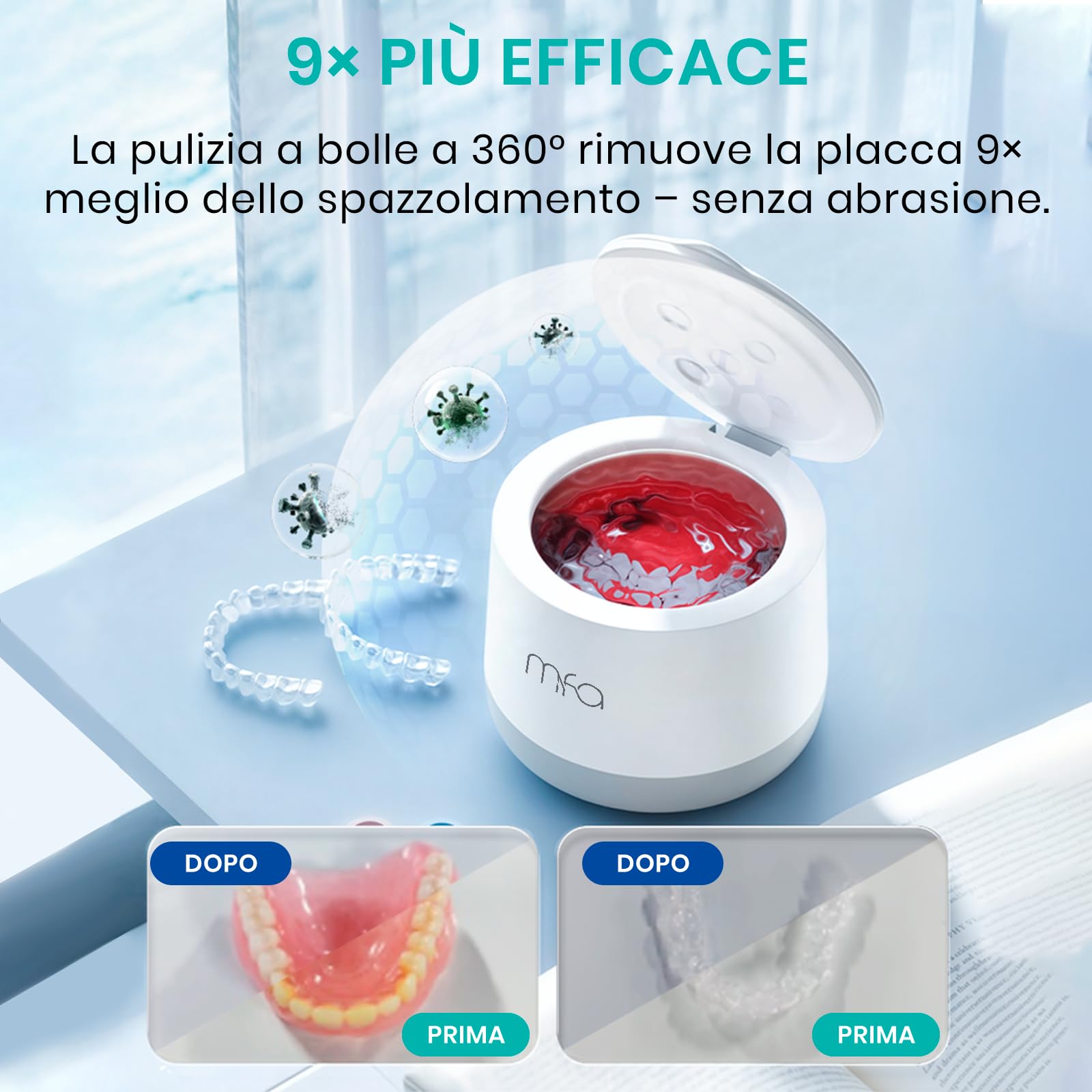mfa® | Pulitore a ultrasuoni per protesi dentarie, apparecchi ortodontici, bite, retainer, aligner, dentiere, dispositivi occlusali, gioielli | Ultrasonic Dental Cleaner