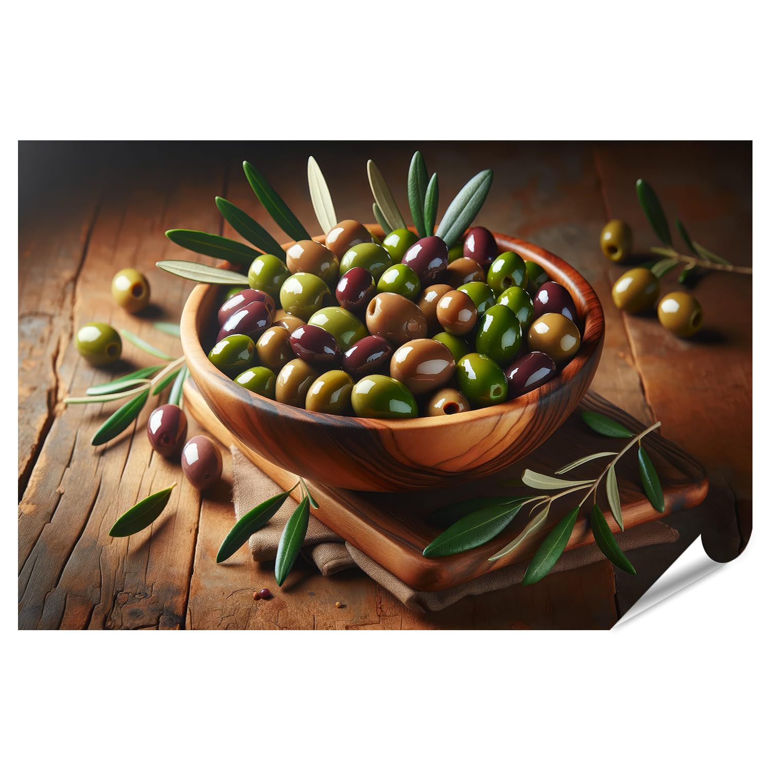 islandburner Prime XXL - Póster de aceitunas y hojas: presentación armoniosa en cuenco de madera de alta calidad