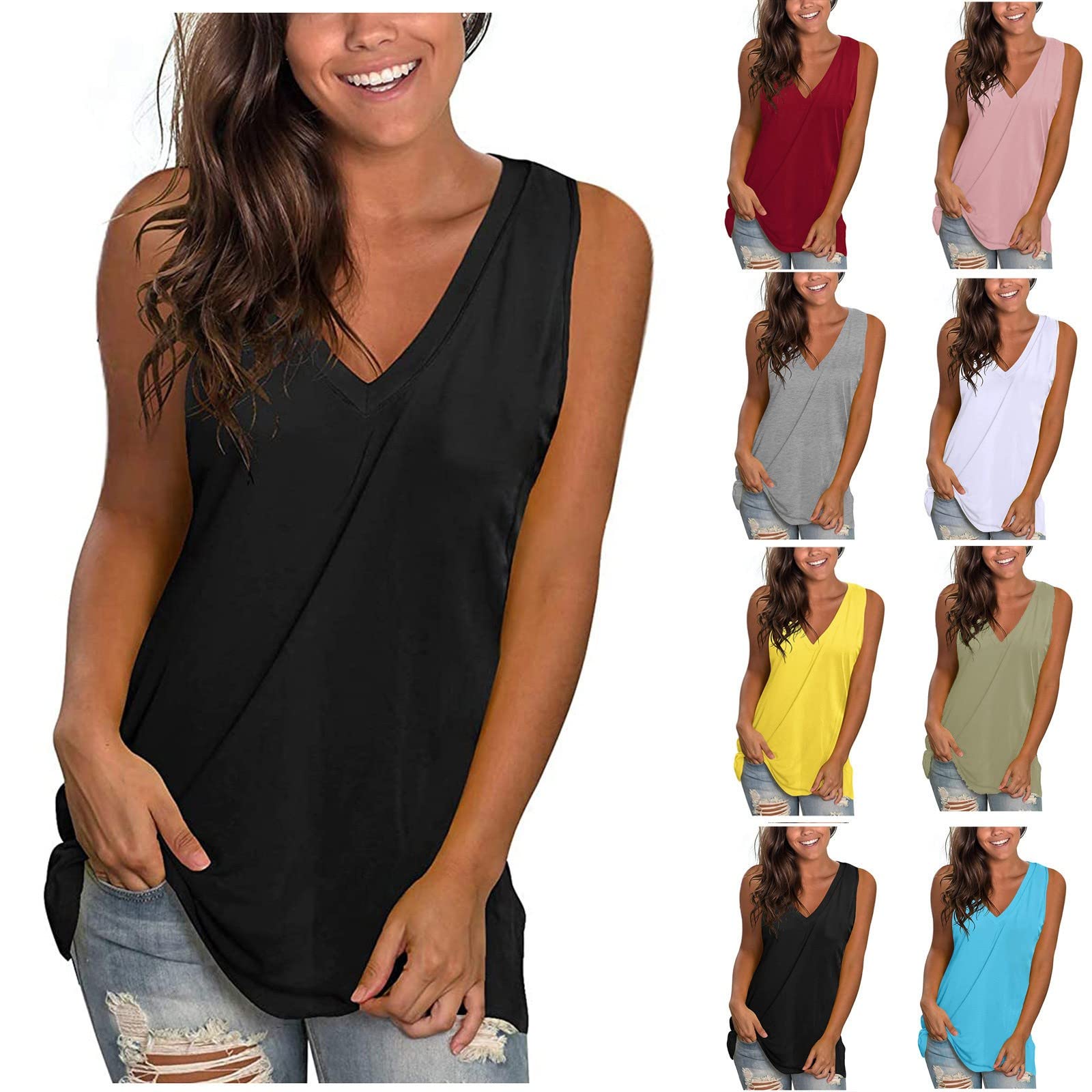 Tank Tops for Women Casual V Neck Sleeveless Shirts Loose Fit Workout T-Shirt Spring Summer Basic Tee Clothes