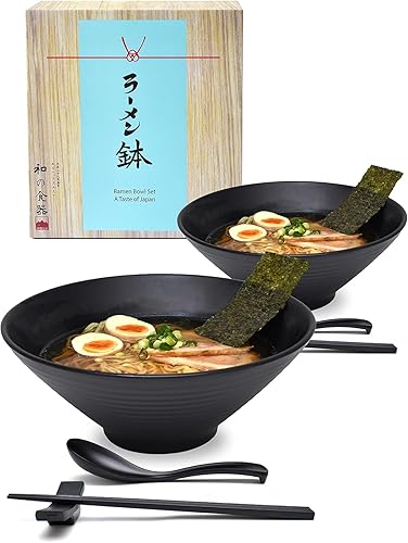 4 juegos (12 piezas) de 57 onzas grandes de fideos japoneses para sopa de fideos de ramen japonés de melamina con cuchara a juego y palillos para
