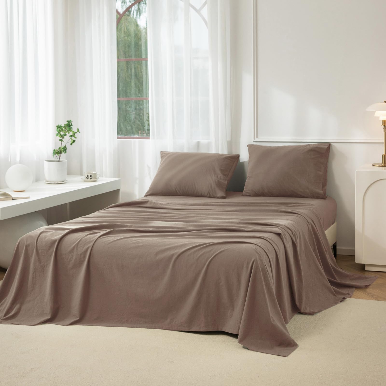 JIYUAN 100 Washed Cotton Sheet Set 4 Pieces Full 1 Fitted Sheet 1 Flat Sheet and 2 Pillowcases
