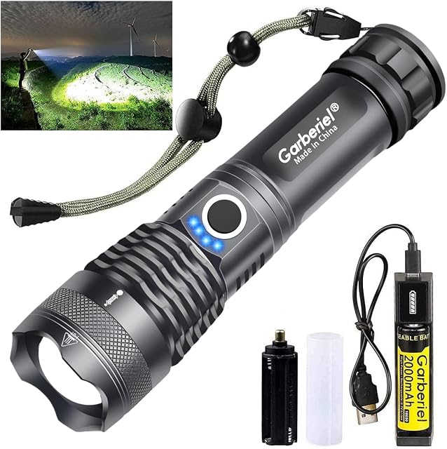 Garberiel XHP50 LED Torch Super Bright Powerful Tactical Flashlight 5 Modes Zoomable Waterproof Torch Light for Camping, Working,Outdoor with Charger & Battery (1 Pack 10000 Lumen)
