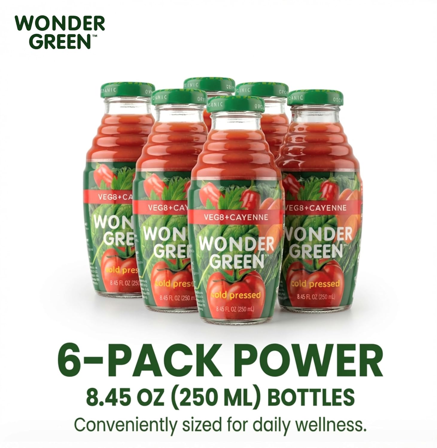 Wonder Green 100% Organic Veg8 + Cayenne Cold Pressed Juice, 8.45 oz (6 Pack) | Vegetable Juice Blend, All Natural, No Additives or Preservatives, Not from Concentrate