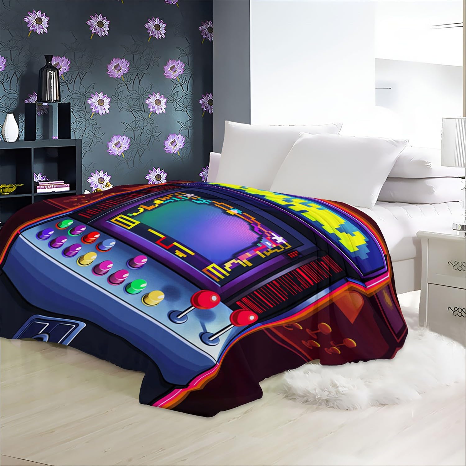 Coperta Divano di Pile Flanella Matrimoniale 180x200cm, Mobile Arcade Per Videogiochi a Cartoni Animati Copridivano Caldo e Morbido, Retrò Sherpa Coperta per Divano o Letto, leggera