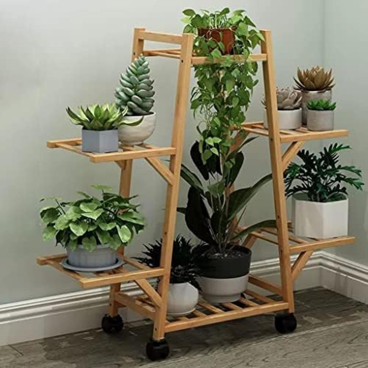 Unité d’affichage étagère en bambou multi-niveaux pour support de plante