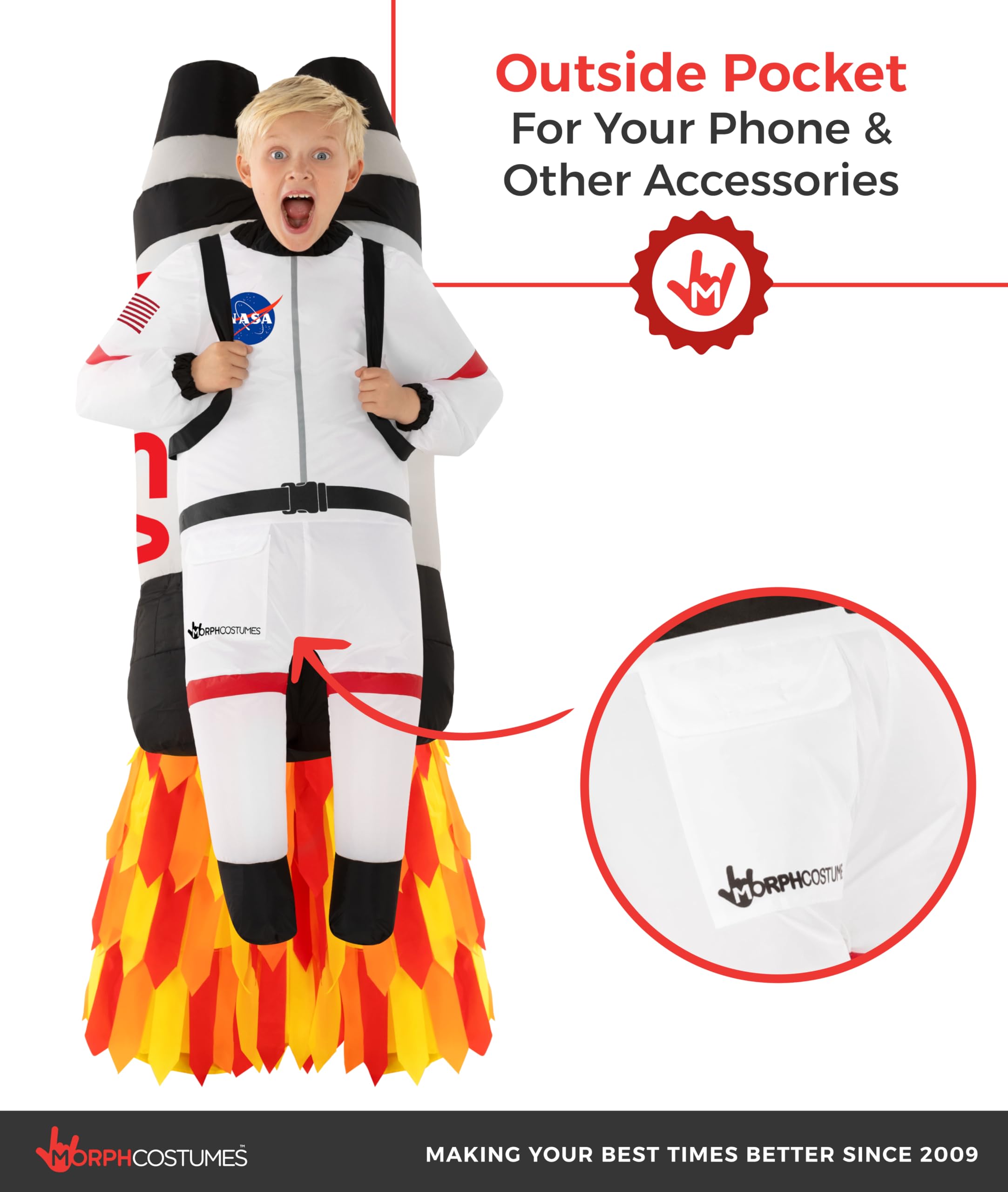 Morph Raketen Kostüm Kinder – Astronautenkostüm mit aufblasbarem Jetpack für Karneval, Fasching, Halloween – Rakete Verkleidung Jungen Mädchen – Einheitsgröße
