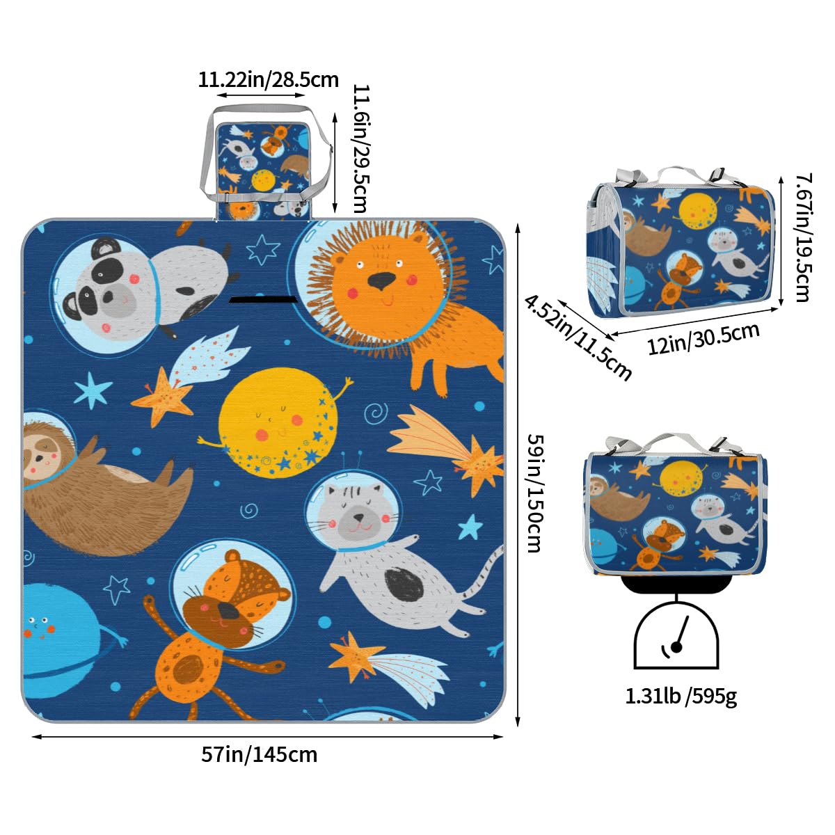 Shimoshe Picnic Blankets 57”x 59”, Cat Fox Lion Panda Sloth Waterproof Sandproof Picnic Mat Lightweight Foldable Beach Blanket for Camping Park Grass Beach Outdoor Blanket