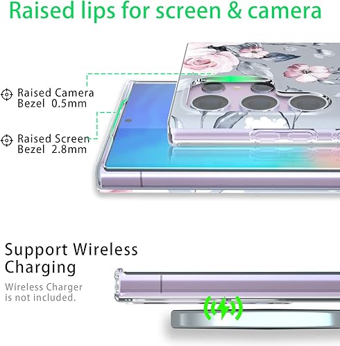 Miniatura 3 de YeLoveHaw Funda diseñada para Samsung Galaxy S23 Ultra para mujeres y niñas, patrón de flores rosas y hojas moradas grises, delgada y dura completa