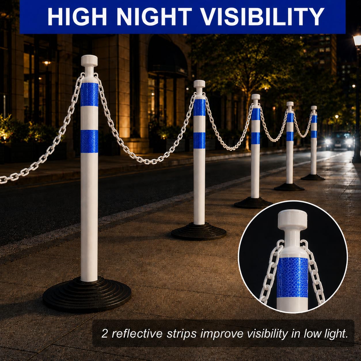 Set de 6 postes de seguridad de 99,6 cm con cadenas de plástico de 2 m, portátiles, para delimitación de áreas, obras, parkings y eventos (Blanco y azul)