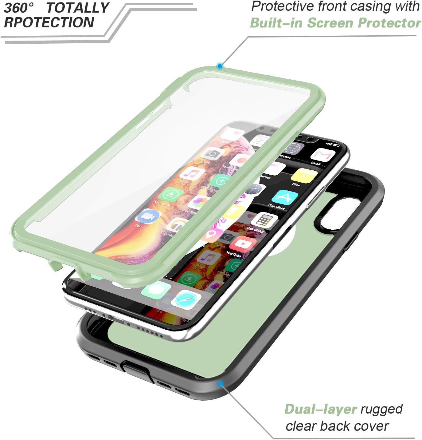 ImpactStrong iPhone X/iPhone Xs Case, Ultra Protective Case with Built-in Clear Screen Protector Full Body Cover for iPhone X/iPhone Xs (Mint)