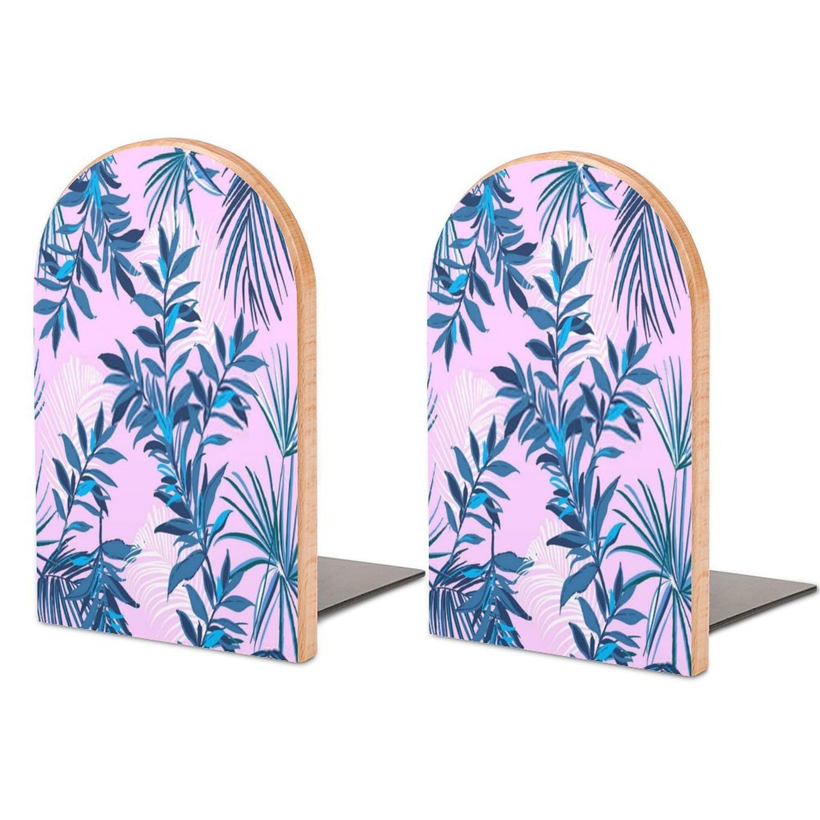 Summer Monotone Bluetropical Exotic Palm Leaves Forest Beech Wood Bookends Heavy Duty Book Organizers Desktop File Holder for Office Home Bookshelf