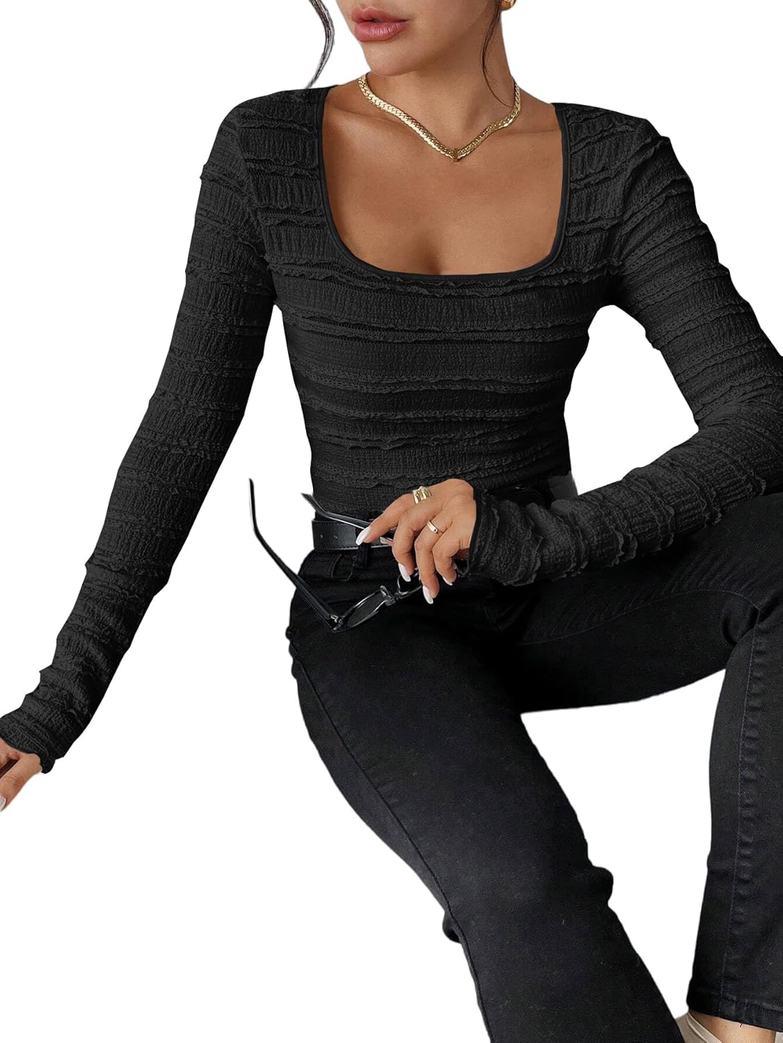 Women's Square Neck Mesh Long Sleeve Blouse Shirt Top - Image 5