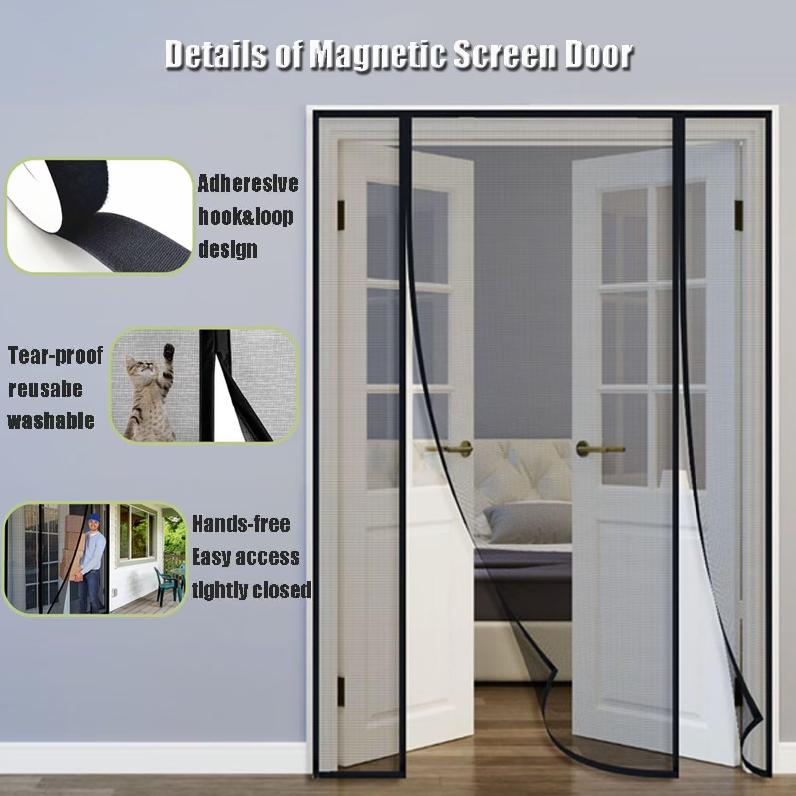 Moustiquaire Porte Magnétique 235x225cm, Noir Rideau Moustiquaire Porte Fenetre Pour Entree Balcon Moustiquaire Aimantée Double Ouverture Latérale En Fibre De Verre, Fermeture Automatique