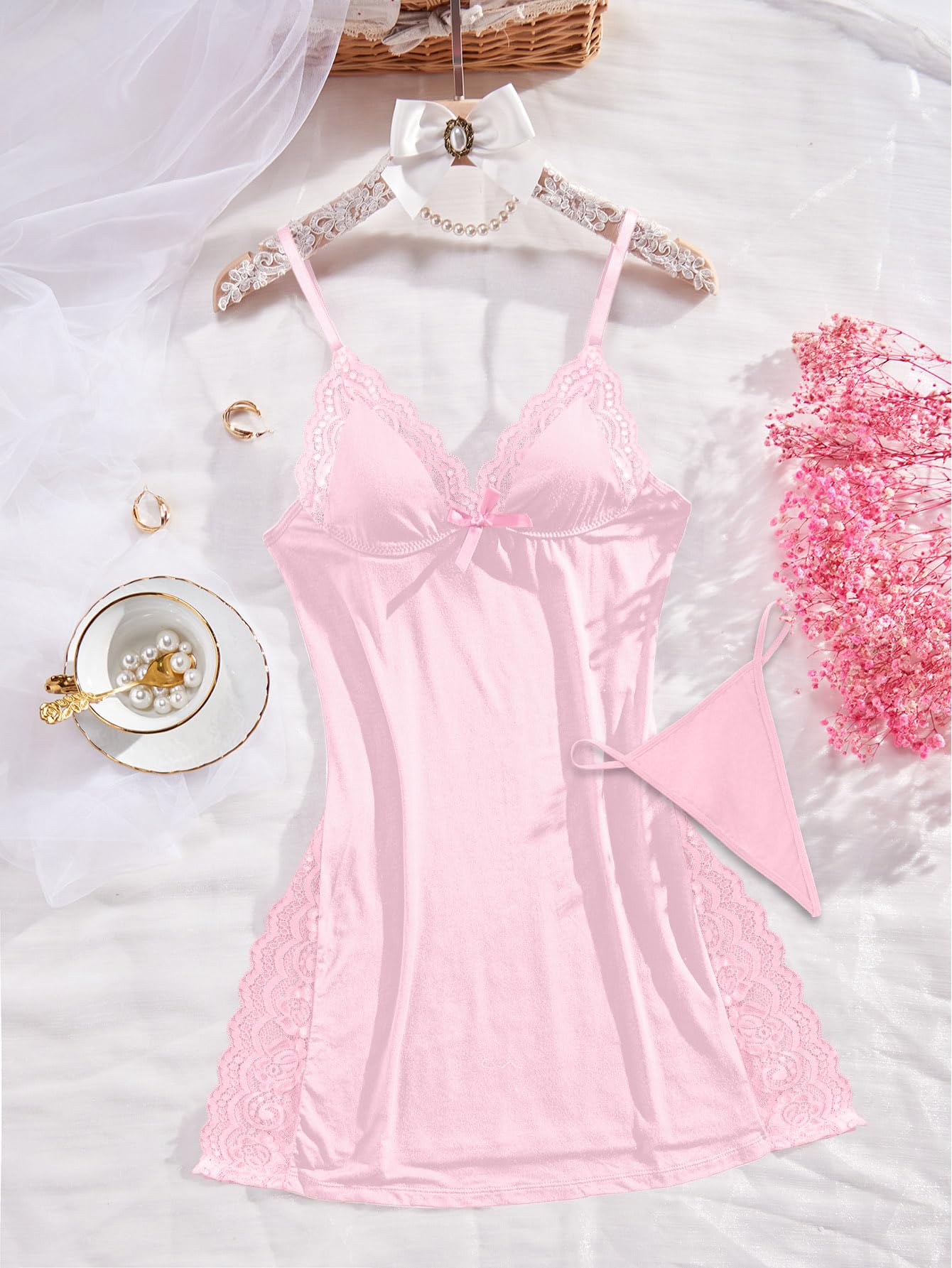 Foxiny Sexy Split Side Floral Lace Trim Full Slip Night Gown Babydoll Lingerie Dress with Thong 2 piece: 3X-Small Pink