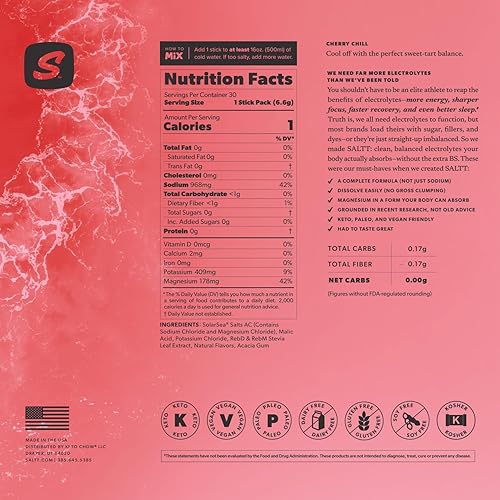 Miniatura 9 de SALTT - Mezcla de bebida con sabor a electrolitos en polvo, sabor a cereza chill, 30 paquetes de hidratación, magnesio, potasio, sodio,