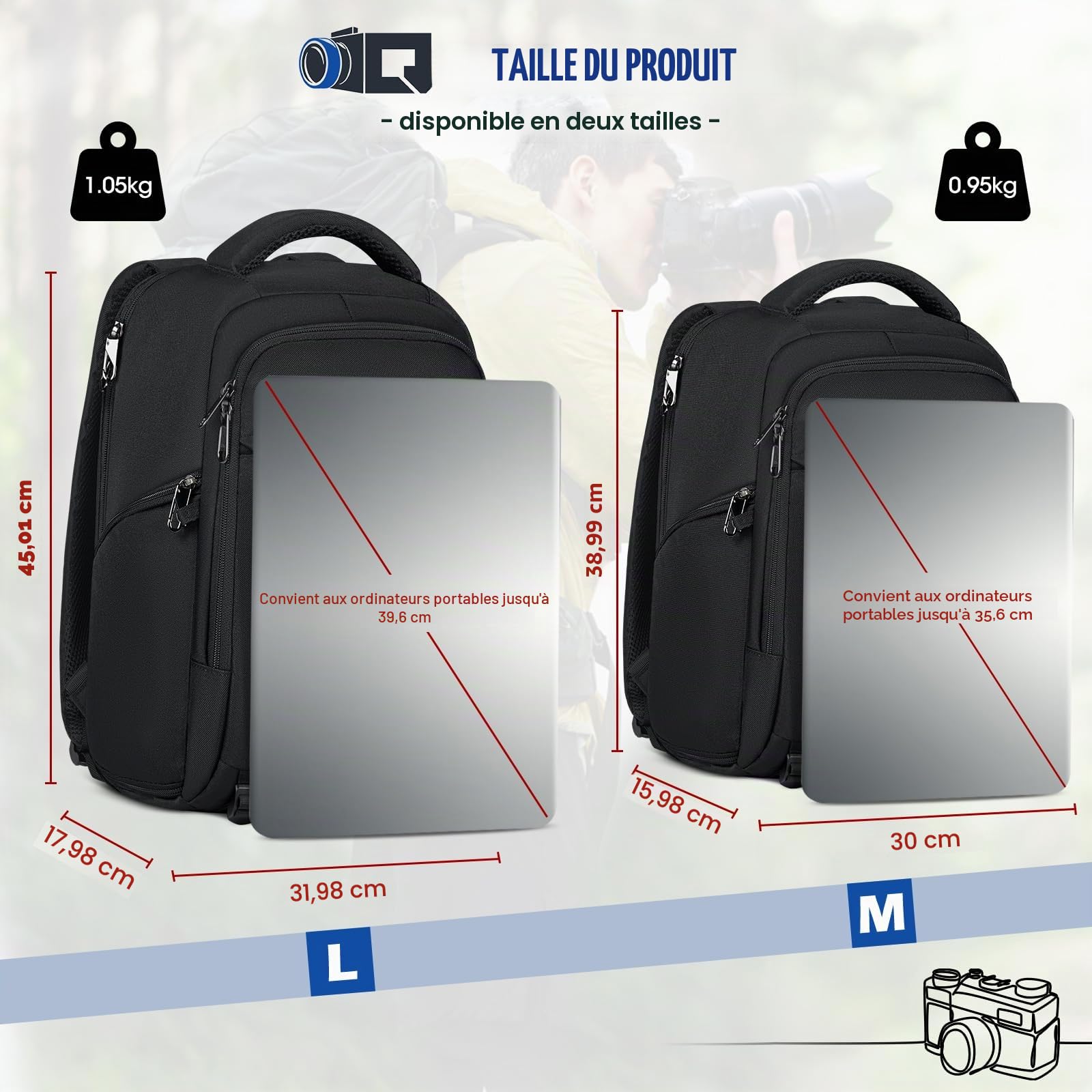 RAINSMORE Sac a Dos Photographe Sacoche Appareil Photo Professionnel Compartiment Ordinateur 14 Pouces Housse Pluie Sac Photo Reflex Numérique Compatible Canon Sony Noir