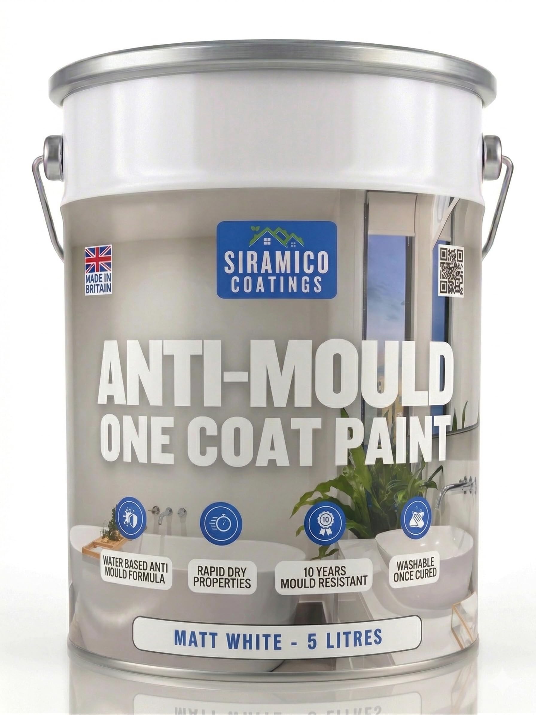 SIRAMICO COATINGS Anti-Mould Paint | 5 Litres | Superior 10 Year Anti Mould Resistant Paint for Bathrooms, Kitchens, Walls and Ceilings - Easy Brush & Roller Application — image 1