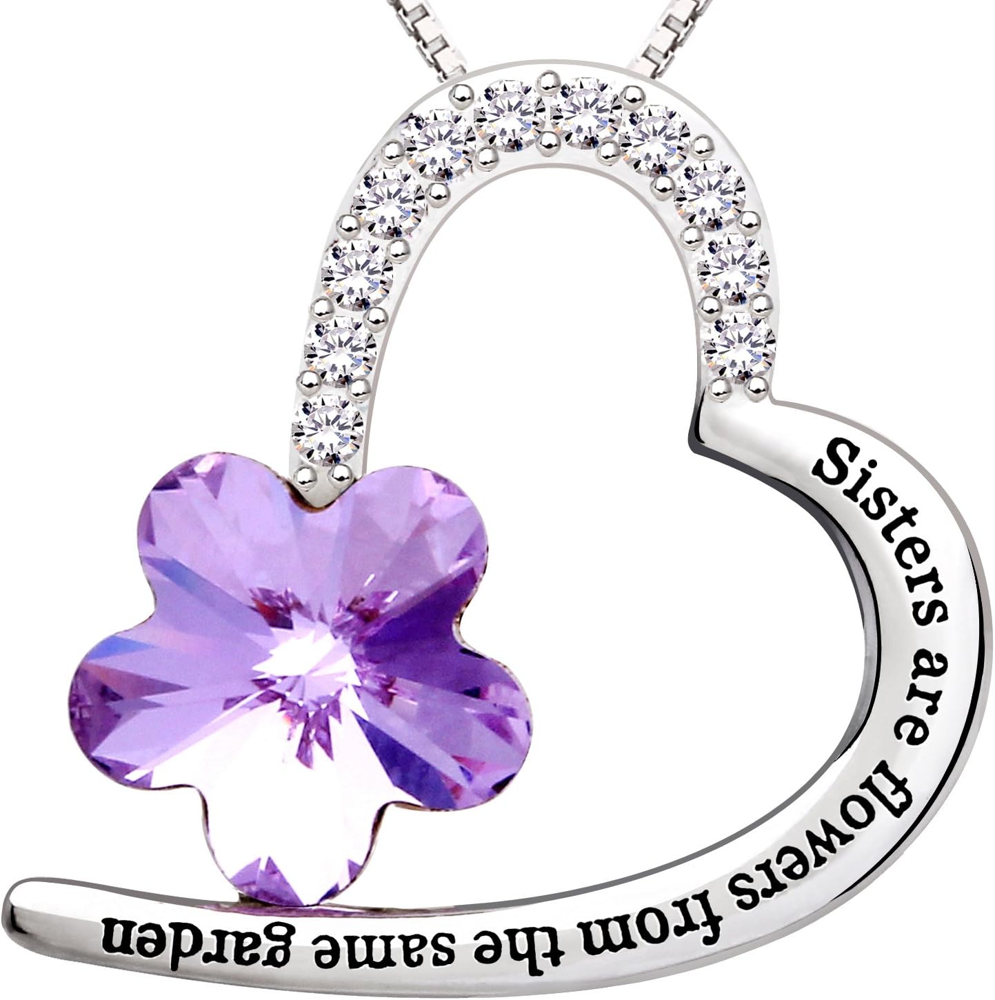 ALOV Jewelry Sterling Silver "Sisters are flowers from the same garden" Love Heart Crystal Cubic Zirconia Pendant Necklace