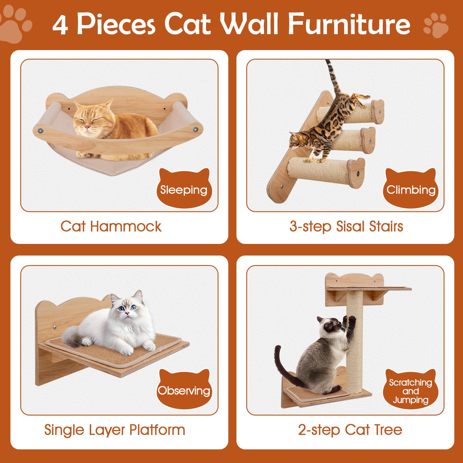 Tangkula Cat Wall Shelves, 4 Pieces Wooden Wall Mounted Kitten Furniture Set with Hammock, 2-Step Cat Tree, Non-Slip Pads, Sisal Stairs & Scratching Posts, Modern Cat Climber Steps (Natural) - image 6