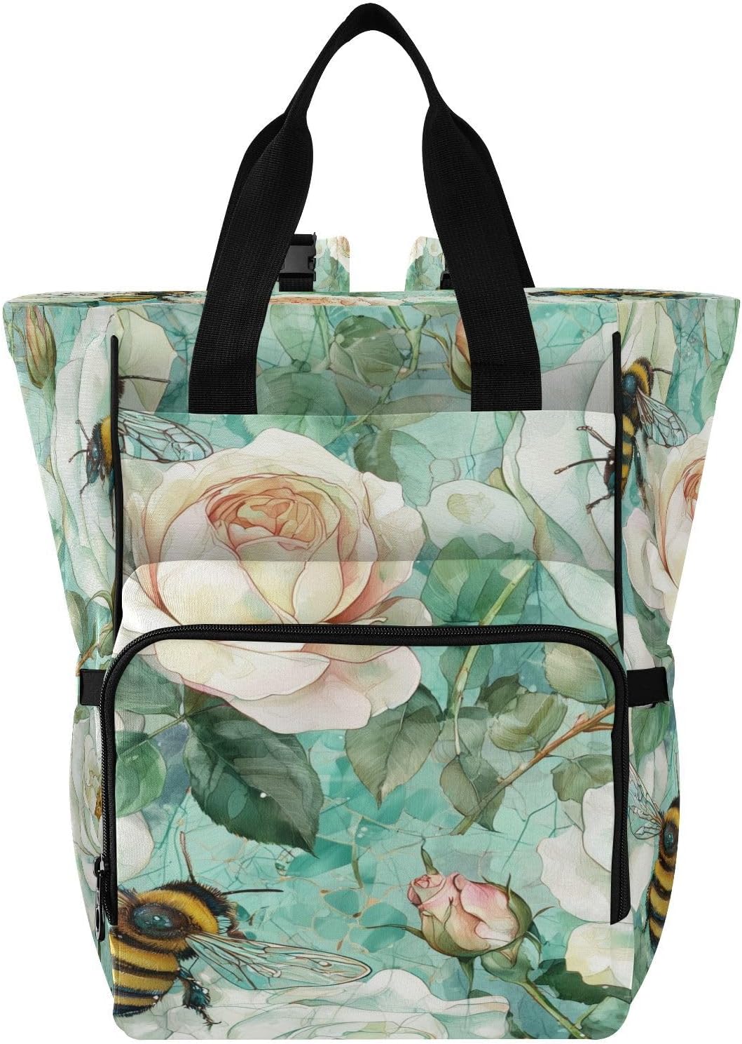 Bees and White Rose Diaper Bags Backpack for Mom Dad,Baby Essentials Travel Tote Multi Function Waterproof Nappy Bag Large Maternity Changing Bag
