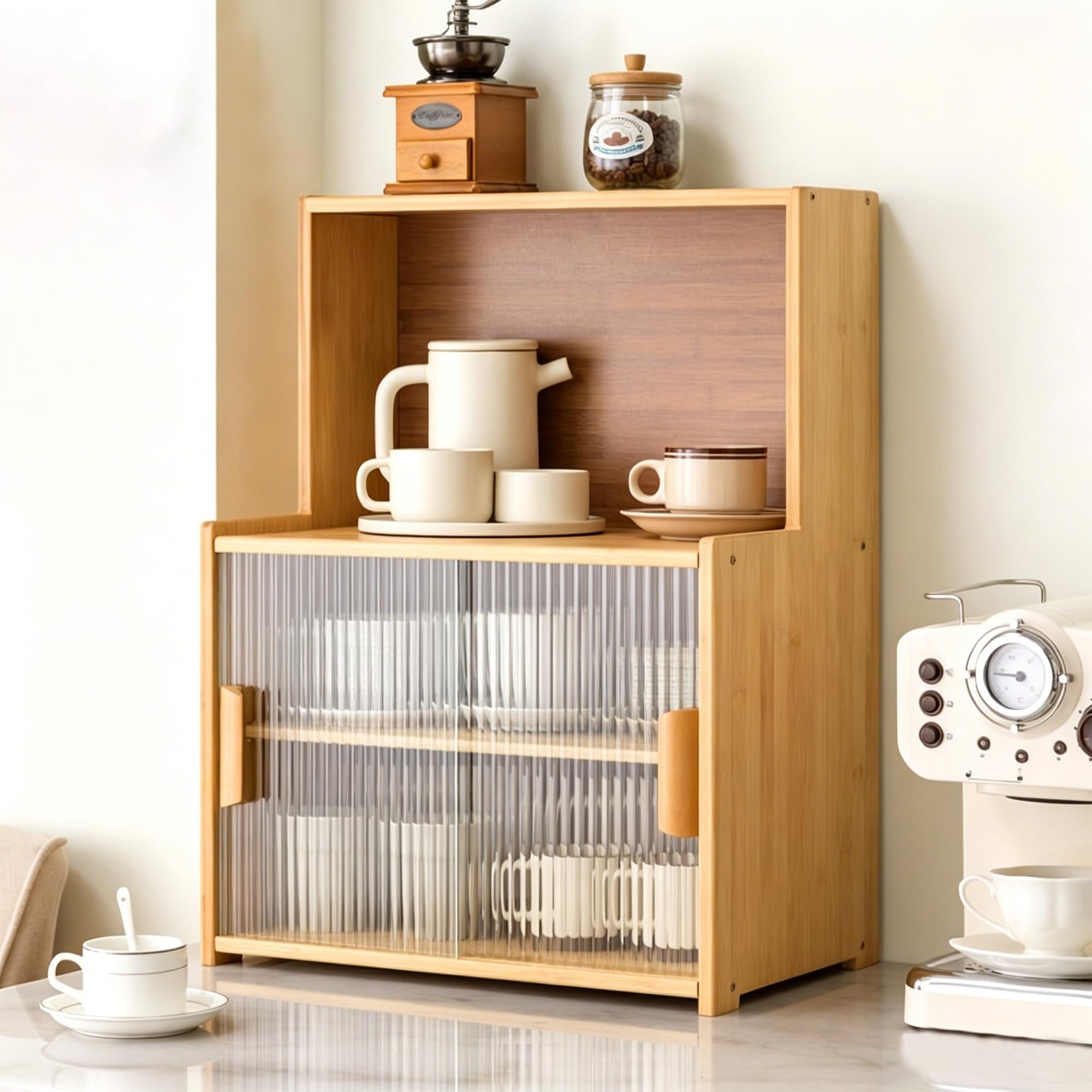 Armario de cocina de bambú con portavasos integrado y vitrina para barra de café