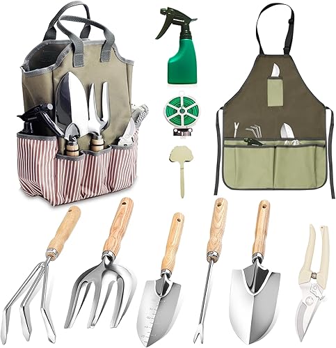 Juego de herramientas de jardín, 12 piezas de herramientas de mano de jardinería de alta resistencia con organizador de herramientas de jardín,