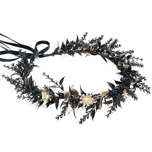 Miniatura 7 de MOSTORY Diadema hecha a mano con corona de hada negra, diseño floral de elfo, accesorio de círculo elfo, para mujeres y niñas, renacentista, fiesta