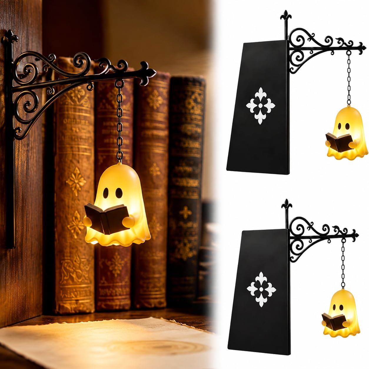 VEELU Bookshelf Lamp, Library Ghost Bookshelf Lantern Decorative Bookshelf Lighting, Warm LED Book Nook Light, Shelf Ornament for Bookcase, Reading Corner, Halloween Decor, Gift for Book Lovers