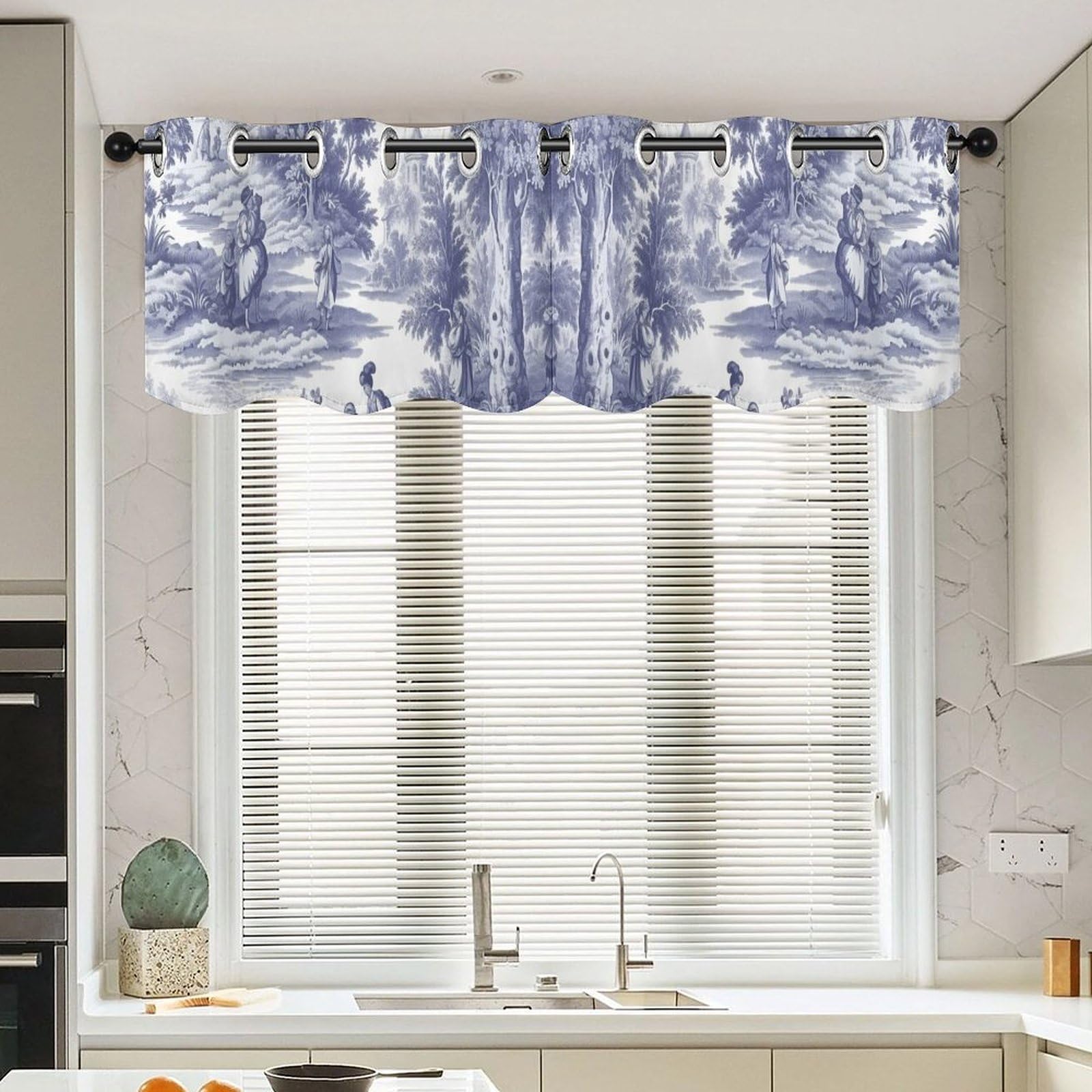 Cenefa de cortina Toile azul marino y blanca para cocina y salón, 132x45 cm