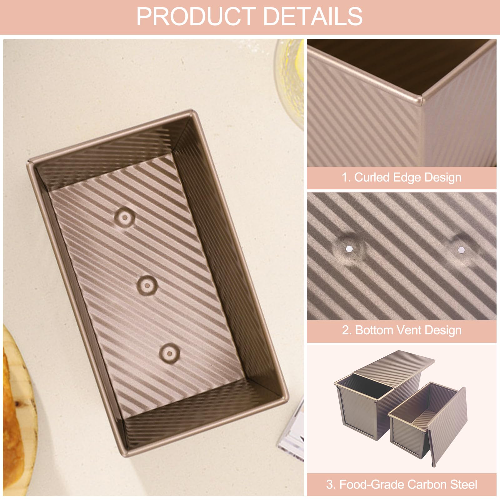 Lot de 2 Moule Pain de Mie avec Couvercle Coulissant, Moules a Brioche Anti-Adhésif en Acier Carbone, Boîte à Toast Plate Rectangulaire, pour Cuisson Gâteaux, Pains, Pâtisseries (Or Rose)