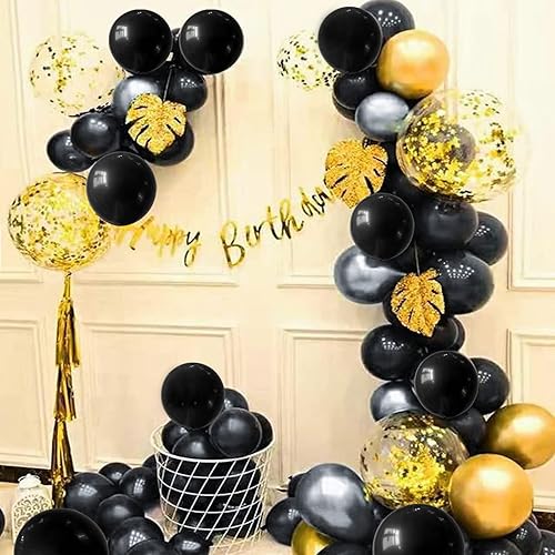 Miniatura 3 de Paquete de 50 globos de látex metálicos negros y dorados de 12 pulgadas con 1 rollo de cinta para decoración de cumpleaños, graduación, celebración,