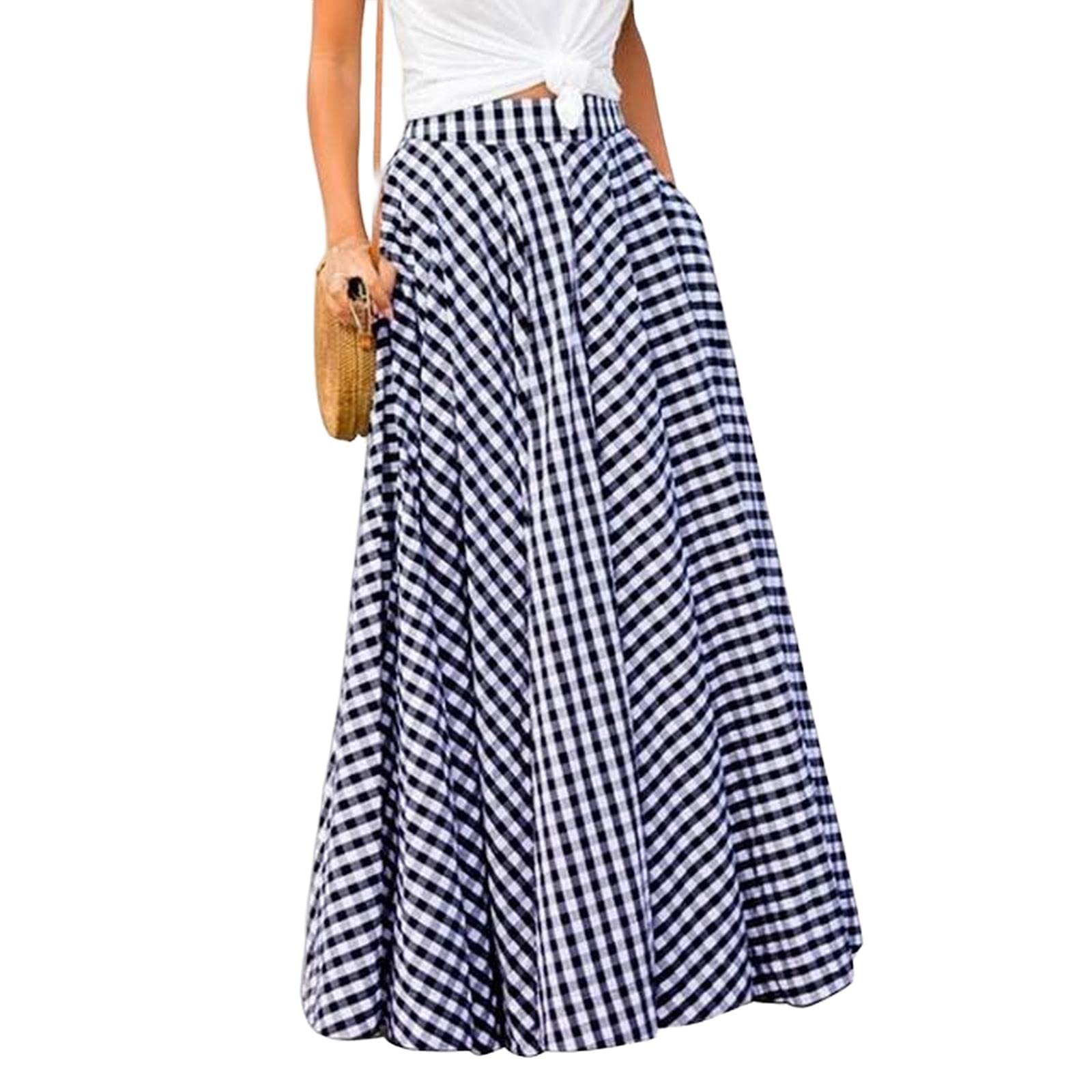 Falda larga a cuadros para mujer, falda larga de cintura alta, vestido largo, casual, elástico, falda acampanada para mujer, azul, 5X-Large