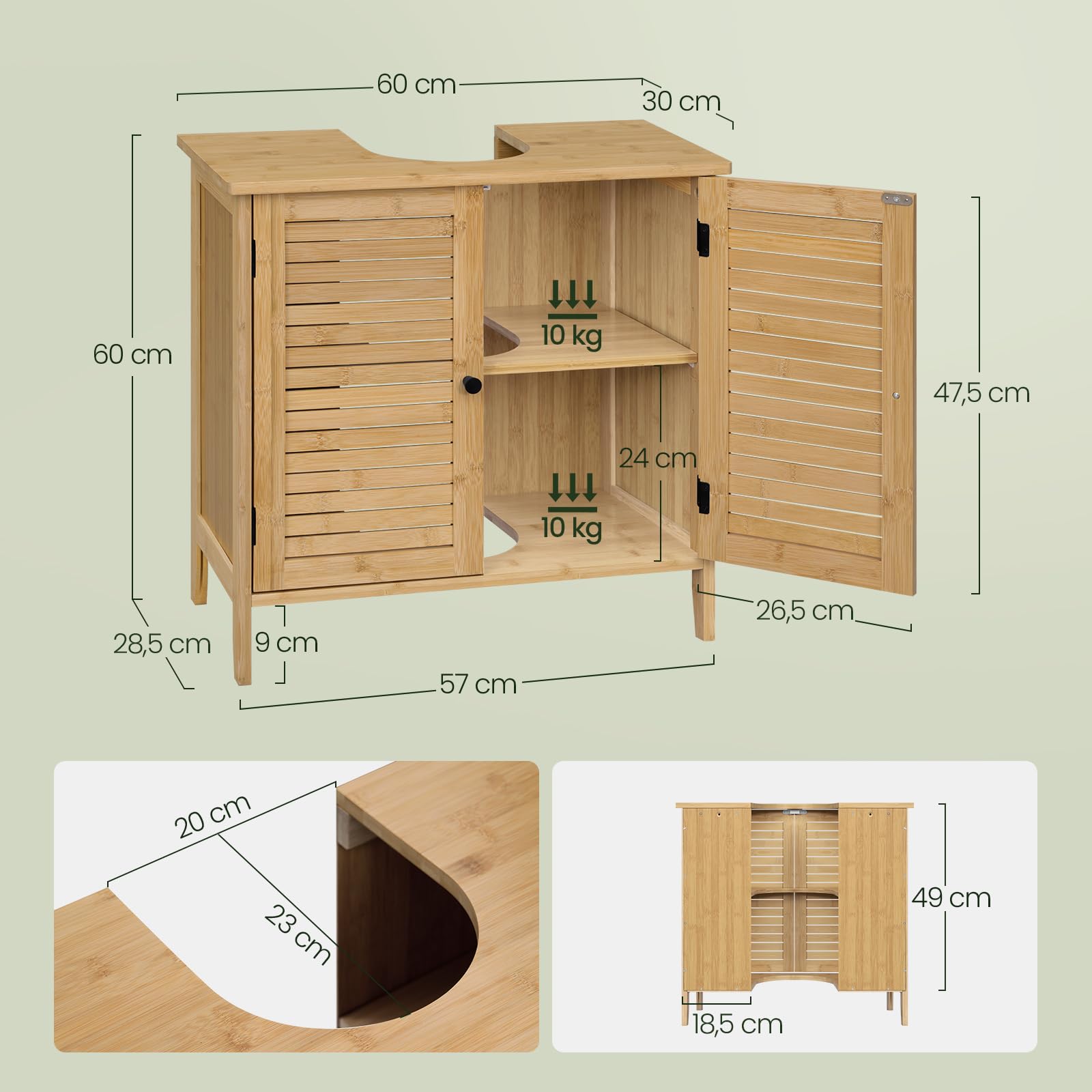 EUGAD Armario Baño Bambú, Mueble Bajo Lavbabo con Recorte Sifón de 20x23 cm, Armario de Pie con Puertas de Rejilla y Estante Ajustable, 60x30x60 cm