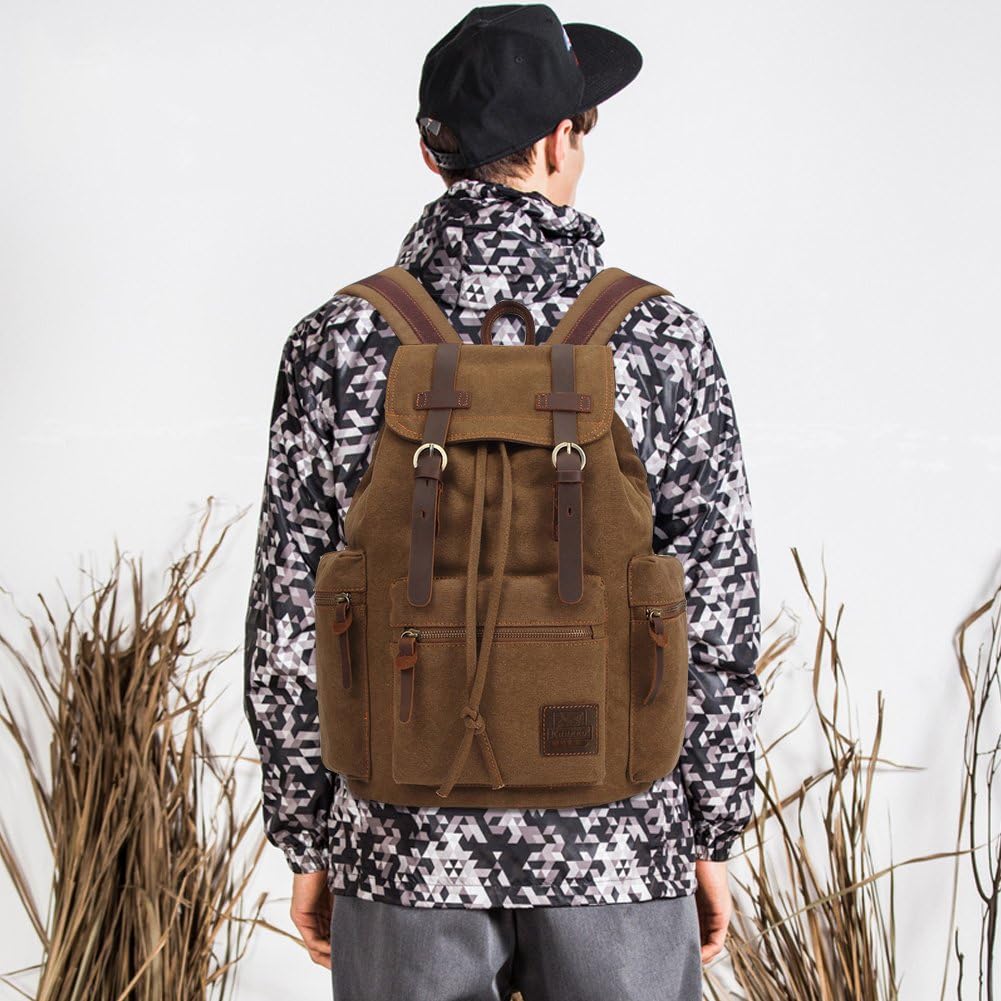 KAUKKO Vintage Casual Canvas and Leather Rucksack Backpack - Image 7