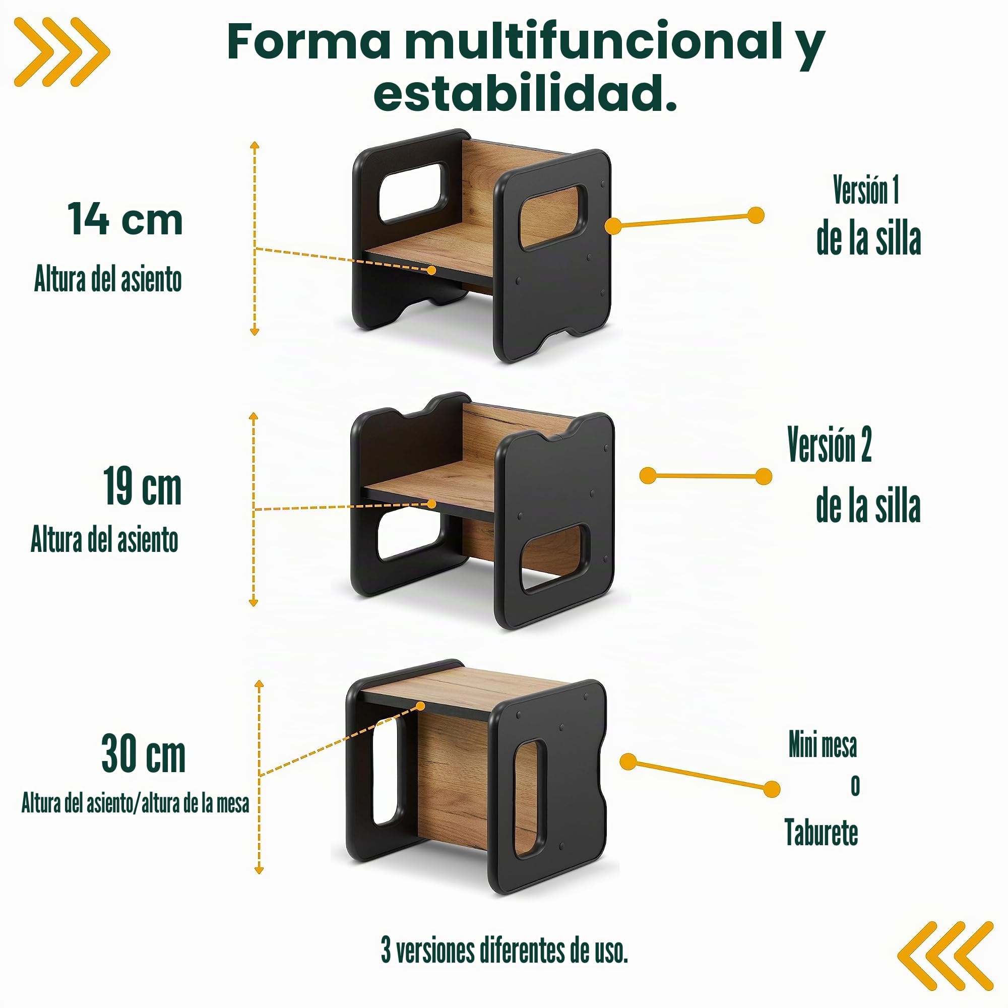 Taburete infantil de madera doble cara convertible en mesa - Negro y Roble