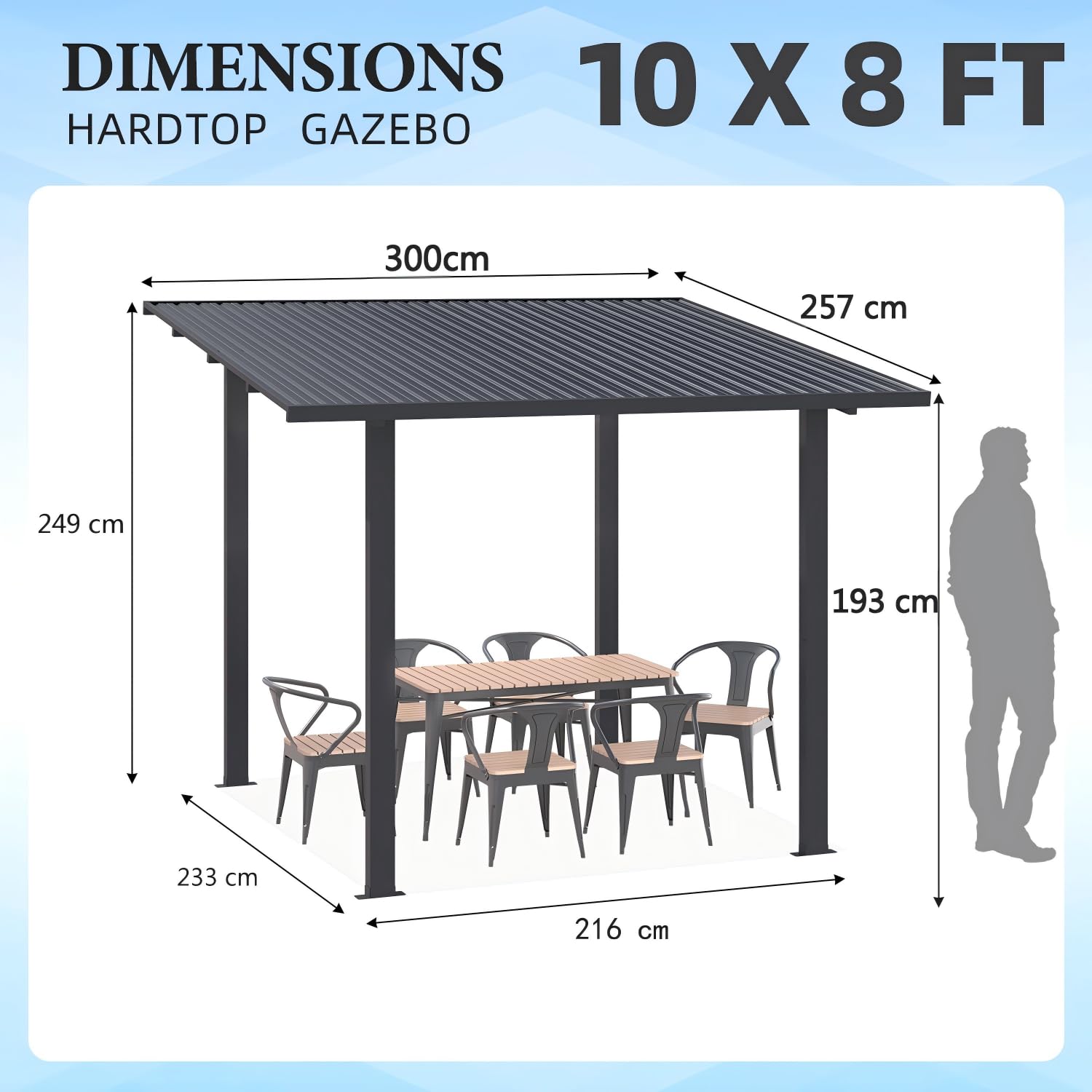 UNIONLINE 3 × 2,4 m Wandgestellter Gartenpavillon mit Hardtop-Metalldach, Grill-pavillon aus feuerverzinktem Stahl, 113 km/h windbeständig, Terrassenüberdachung für Garten, Hinterhof & Deck, Schwarz
