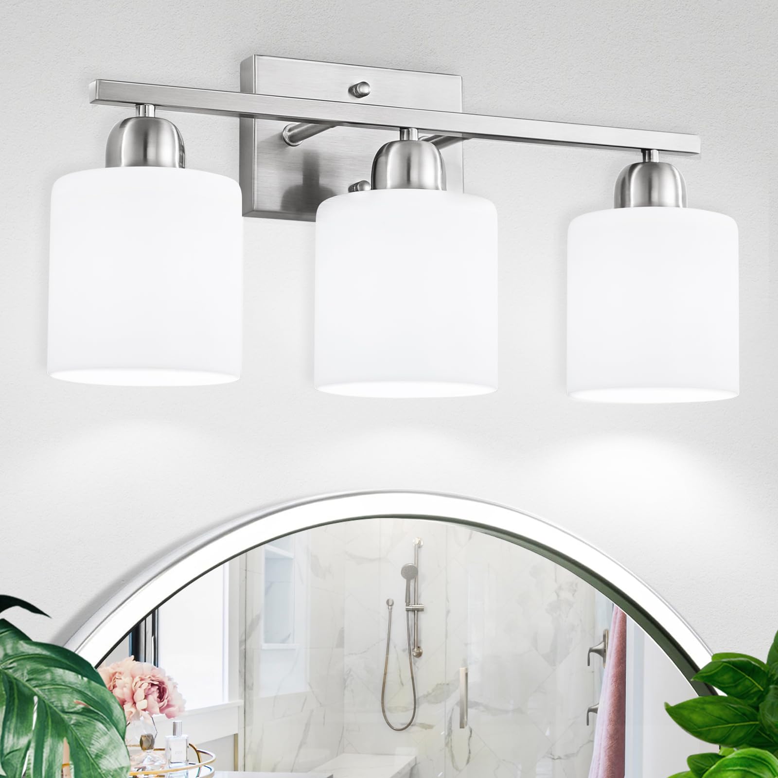 Brushed Nickel Bathroom Light Fixture 3 Light Vanity Lights for Bathroom Bath Lights with Milky White Frosted Glass