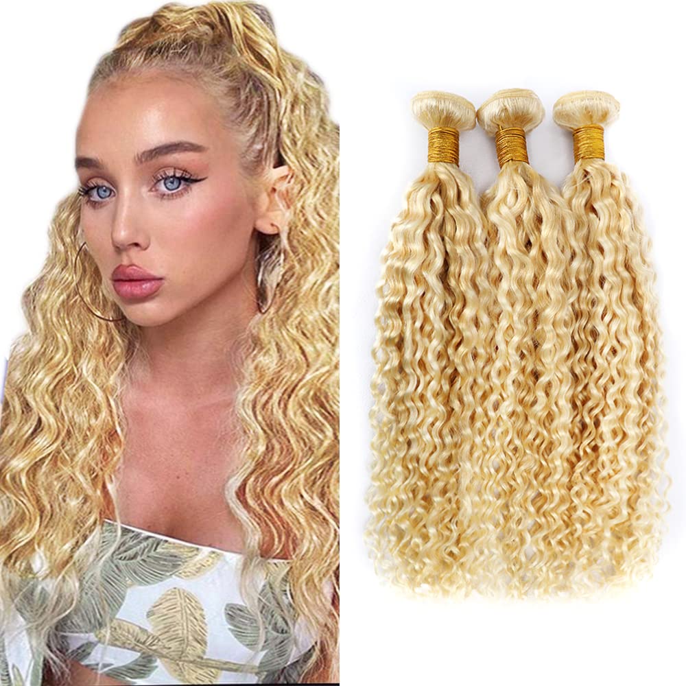 26 26 26 inch Honey Blonde Bundles Human Hair 27/613 Kinky Curly Bundles 613 Wet and Wavy Bundles Double Weft Brazilian Virgin Blonde Hair Extensions