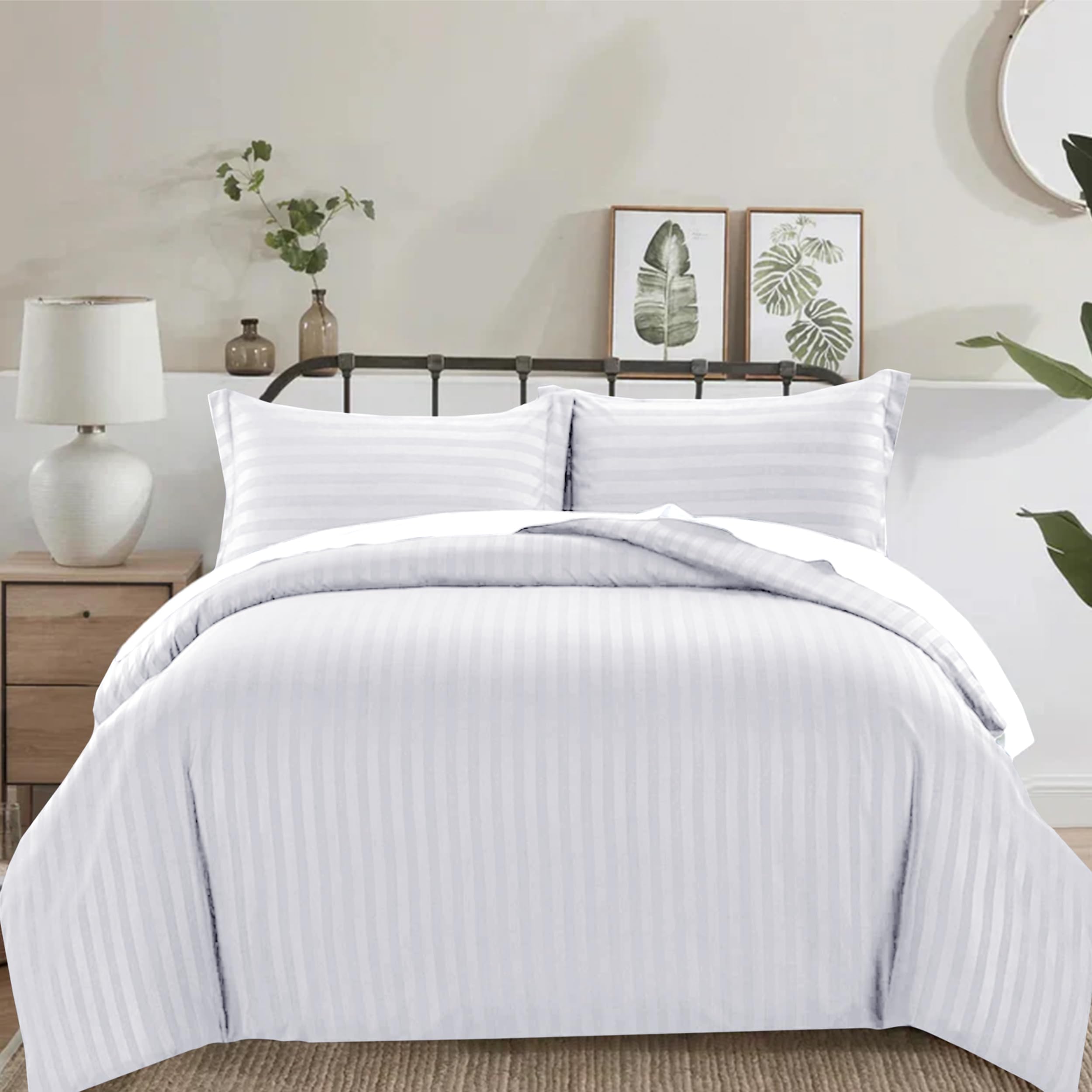PRIME LINENS 4 Piece Duvet Cover Set Stripes Satin Quilt Cover Bedding Set with Pillowcase and Extra Fitted Sheet Included Machine Wash Hotel Quality (White, King)