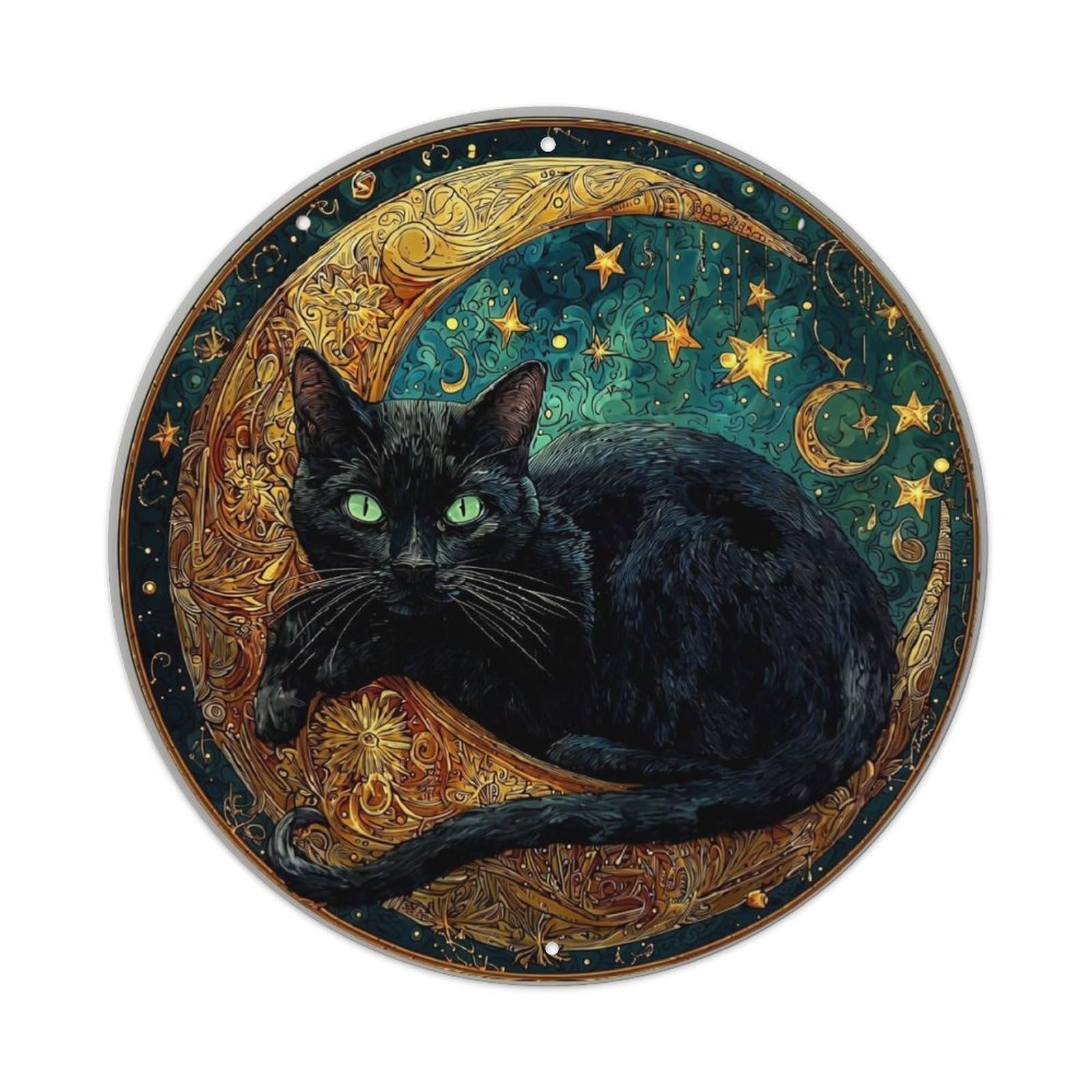 Black Cat On Golden Crescent Moon Vintage Metal Tin Sign Retro Wall Decor for Home Bar Garage Cafe, Indoor & Outdoor Decorative，circle Metal Poster, 8x8 Inch
